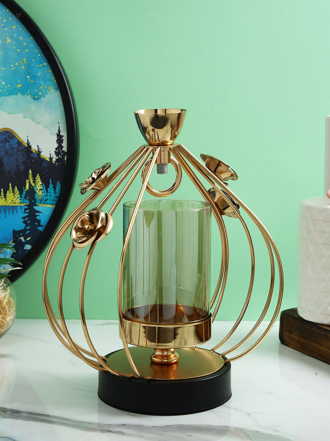 TAYHAA Gold Toned Transparent Solid Caged Metal Glass Candle Holder