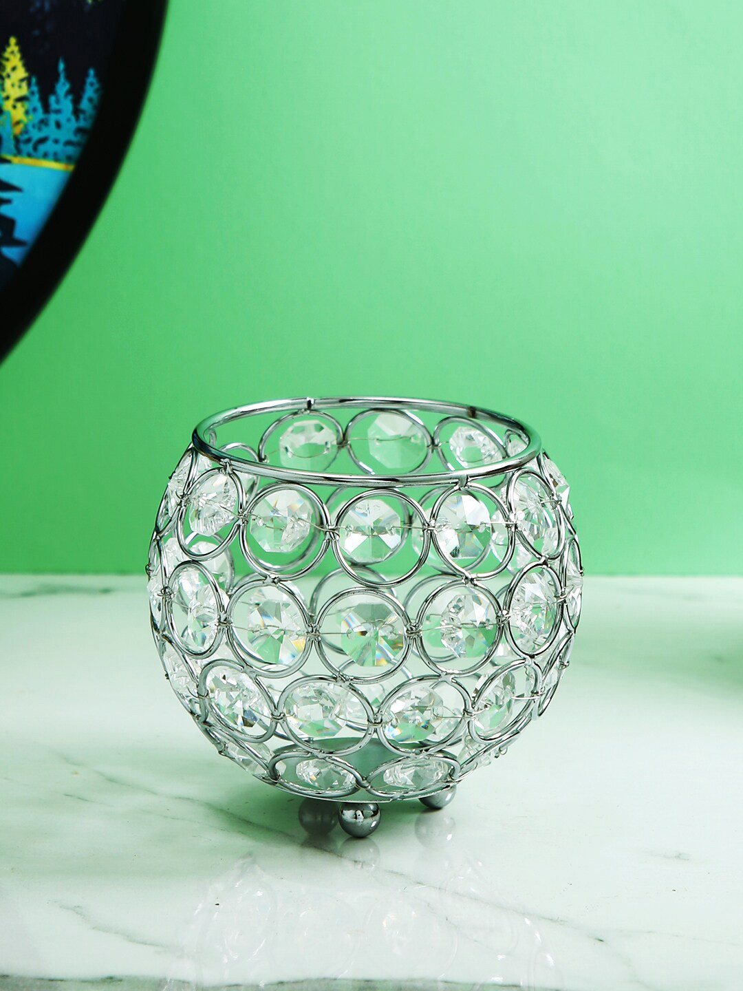 TAYHAA Decent Silver Toned Transparent Textured Tealight Crystal Candle Holder