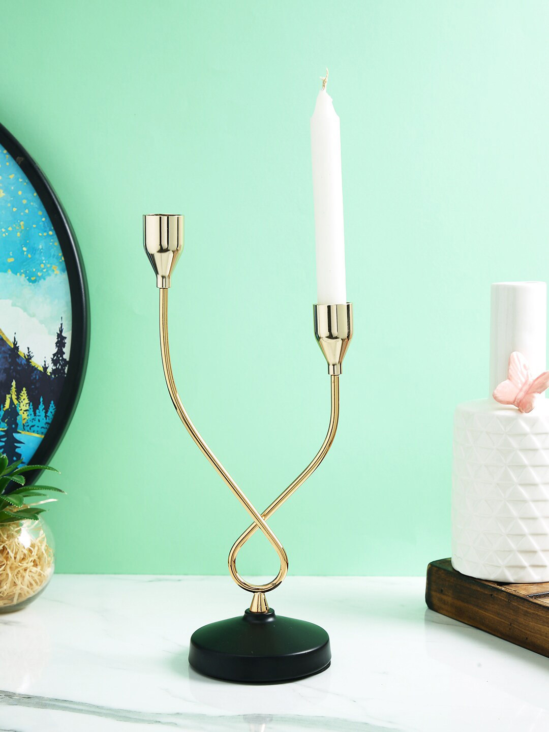 TAYHAA Gold Toned Black Solid 2 Arm Pillar Metal Candle Holder