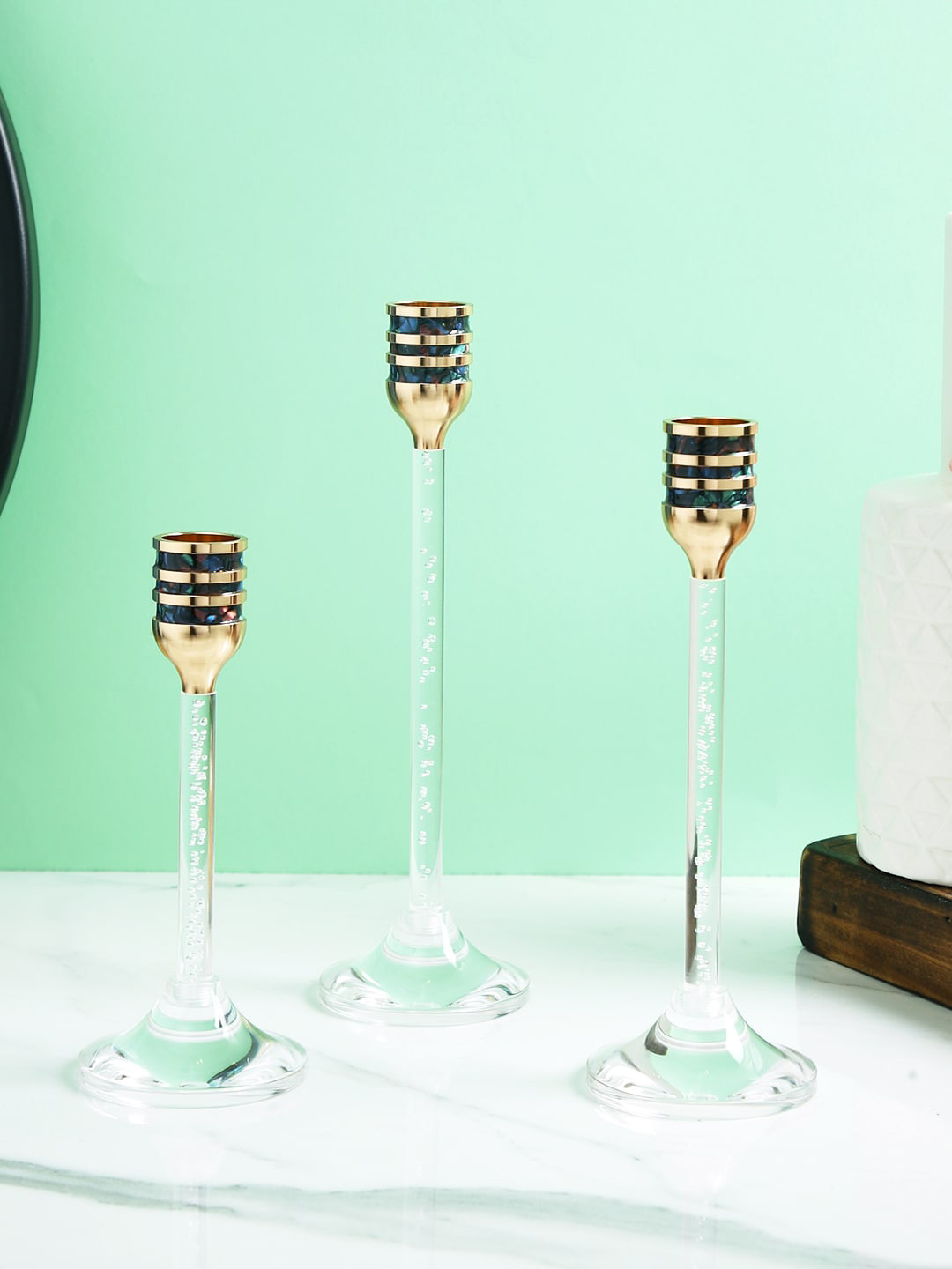 TAYHAA 3Pcs Golden& Black Noir Glass Candle Holder