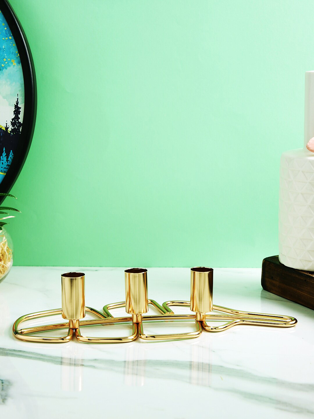 TAYHAA Golden Metal Leaf Triple Candle Holder
