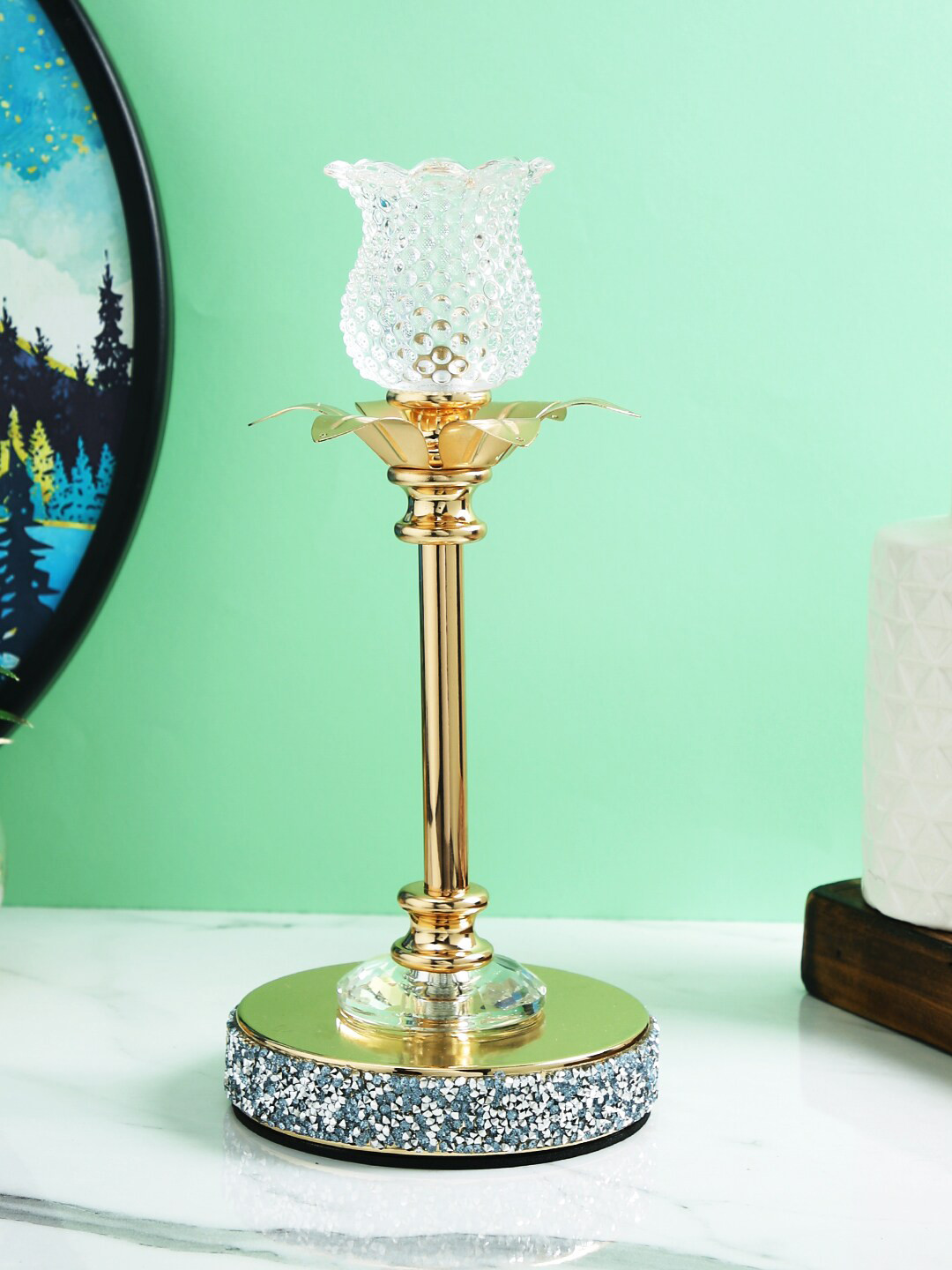 TAYHAA Golden Metal & Glass Candle Holder