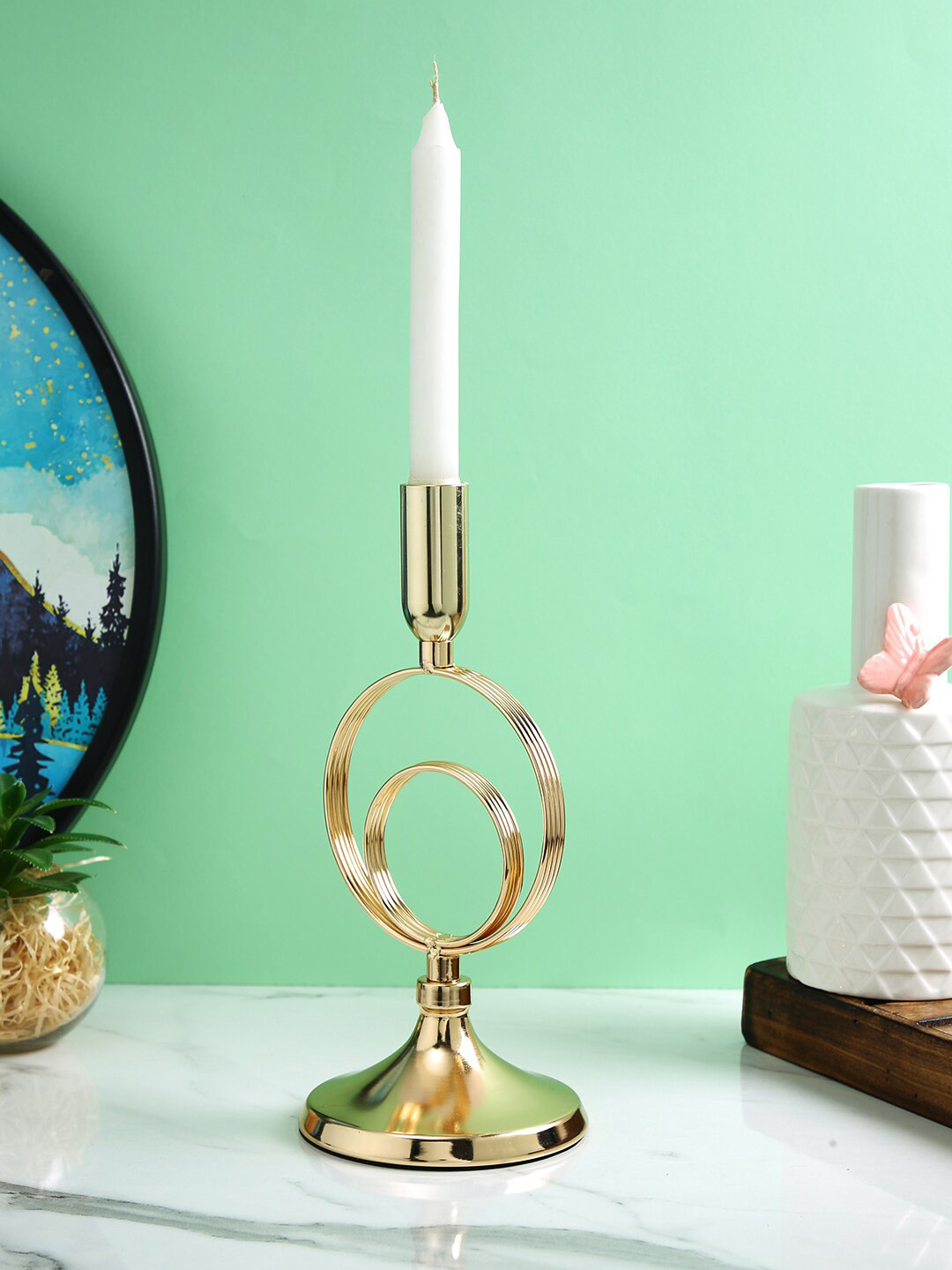 TAYHAA Elegant Golden Metal Rings Candle Stand