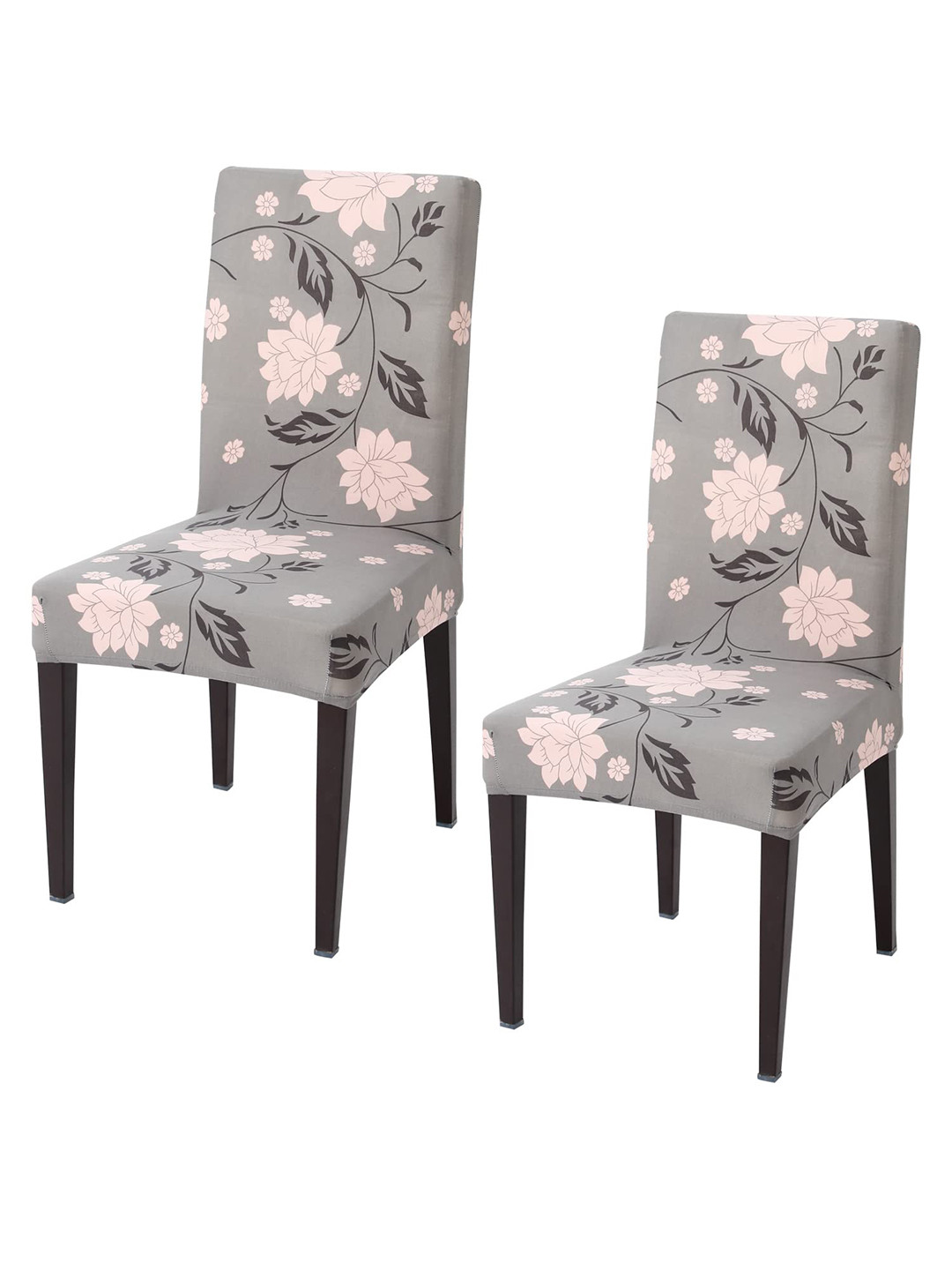 HOKIPO 2 Pcs Grey & Pink Floral Printed Stretchable Dining Chair Covers