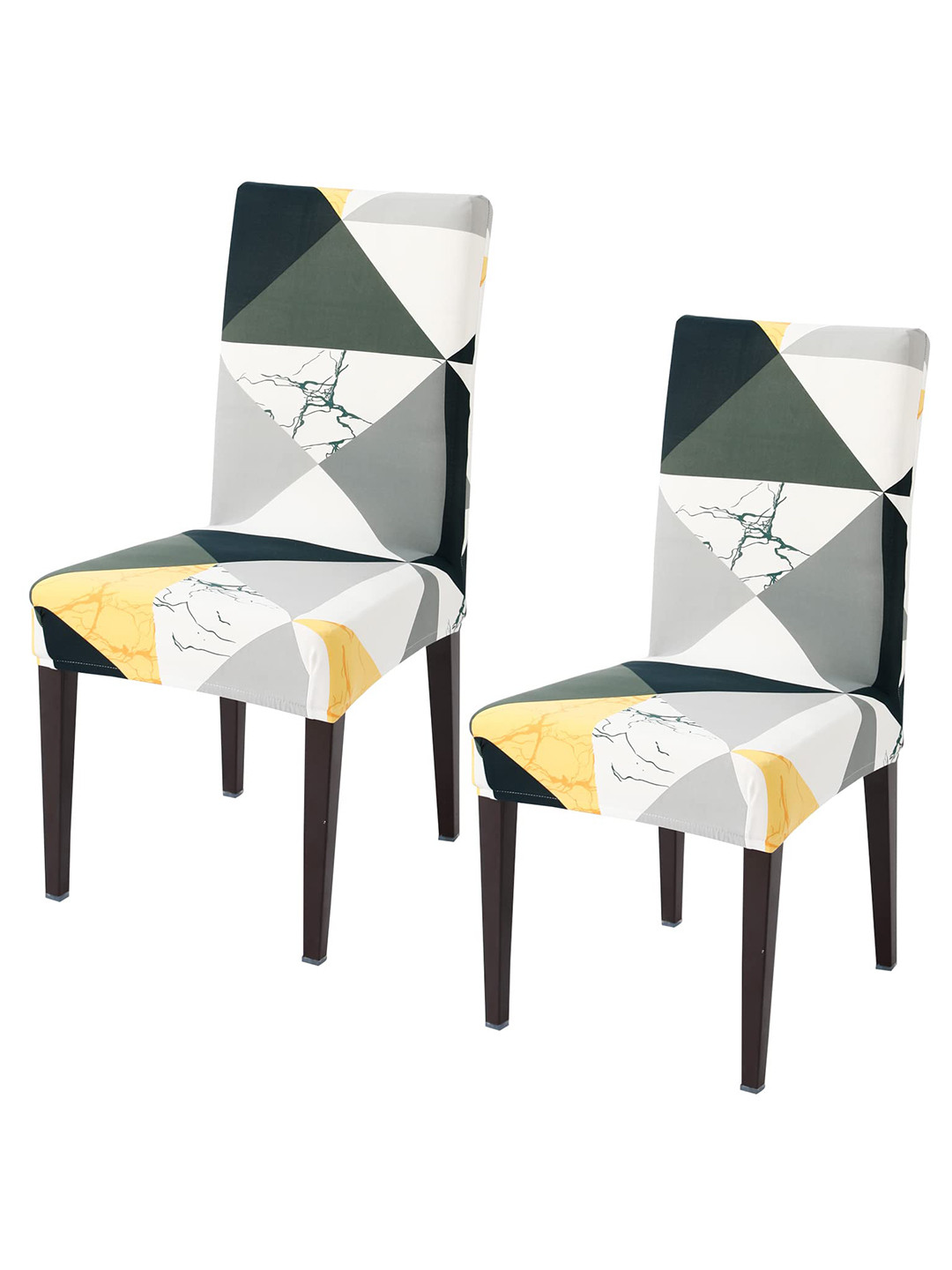 HOKIPO 2 Pcs White & Green Geometric Stretchable Dining Chair Covers