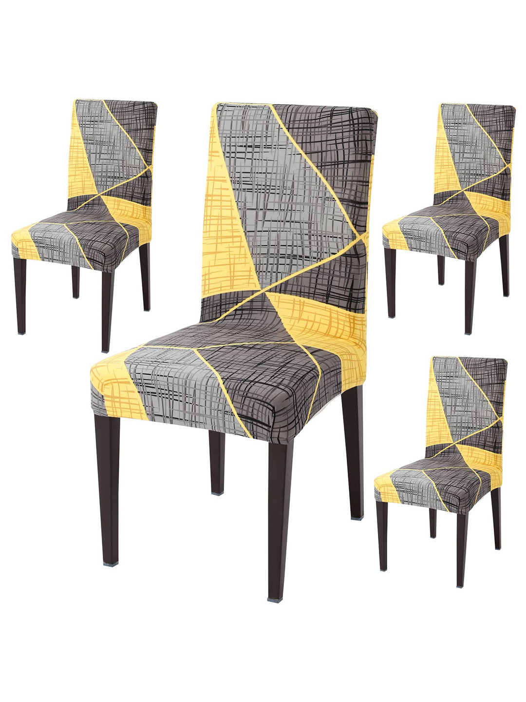 HOKIPO Yellow & Grey 4 Pieces Geometric Printed Dining Chair Covers