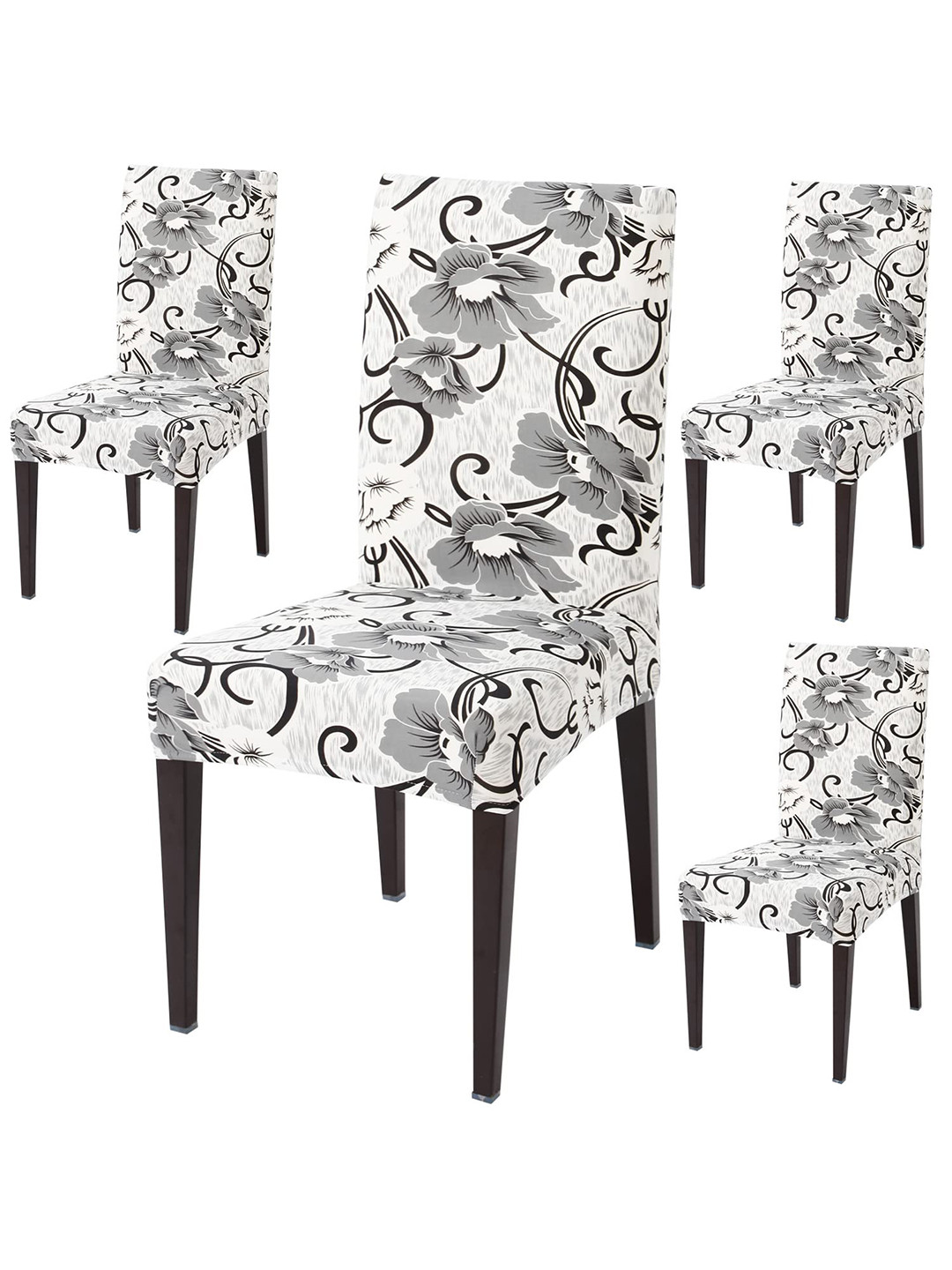HOKIPO White & Grey 4 Piece Printed Dining Chair Covers
