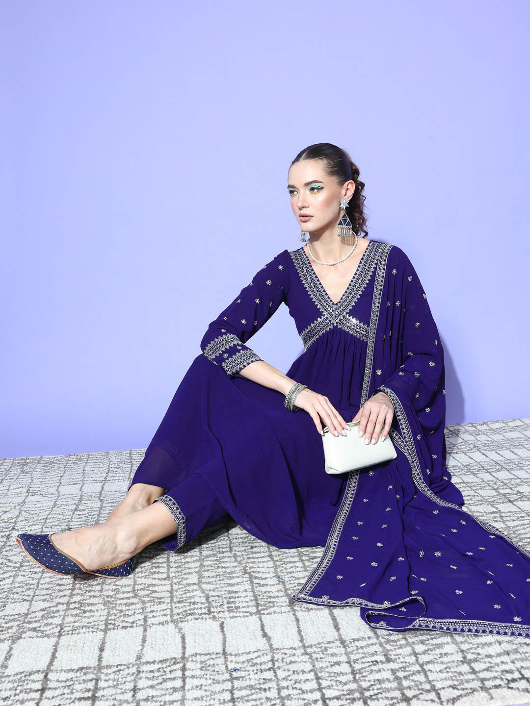 Sangria Alia Cut Blue Yoke Design V-Neck Georgette A-Line Kurta With Trousers & Dupatta