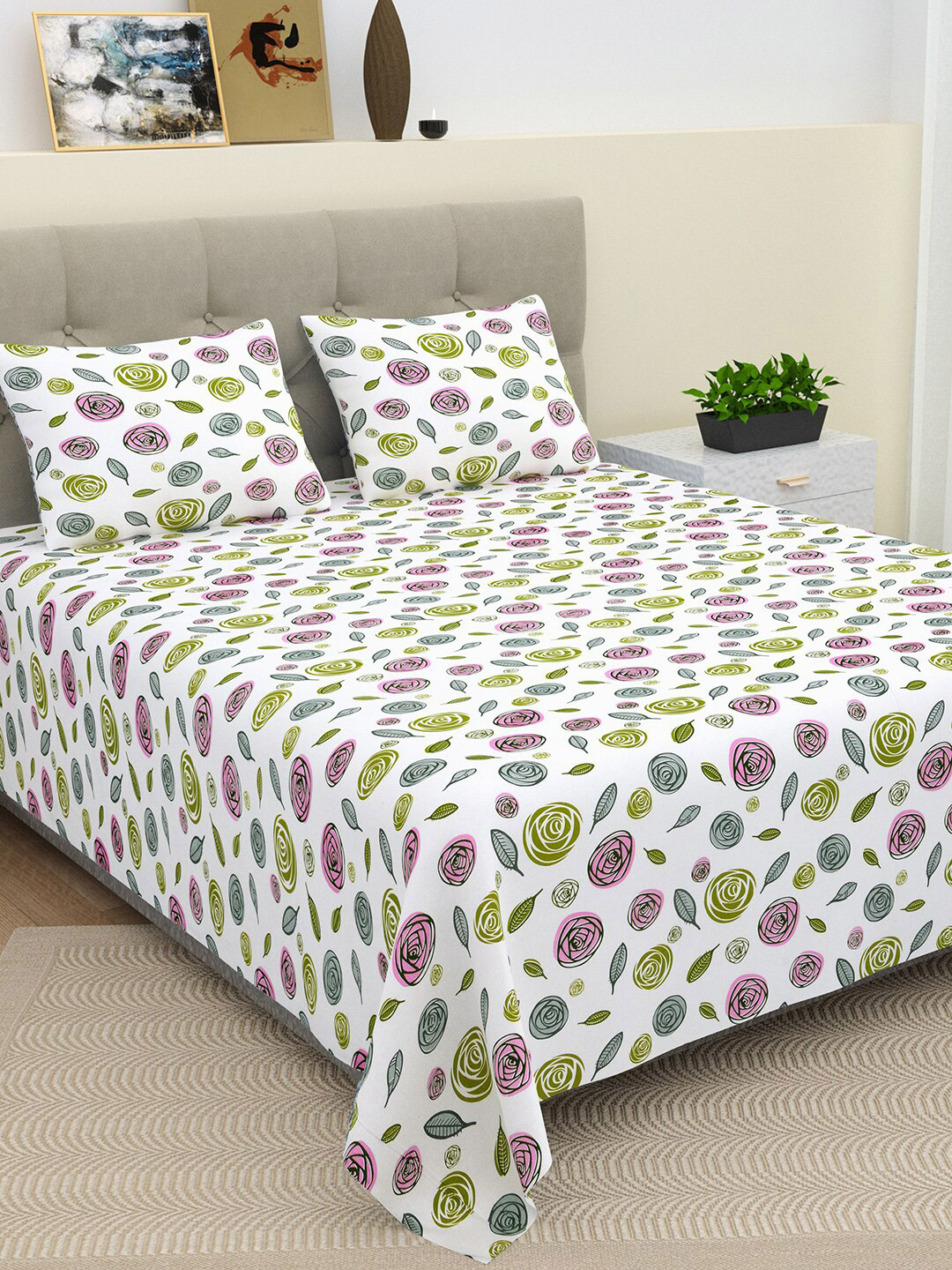 BELLA CASA Lorient Collection White Floral Cotton 220 TC King Fine Bedsheet with 2 Pillow Covers-108 x 96 inches