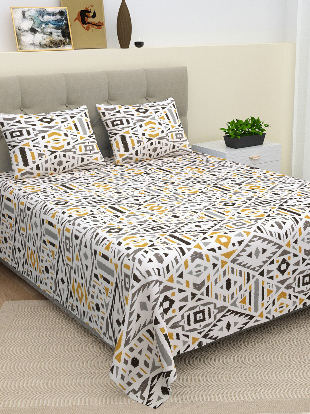BELLA CASA Valence Collection White Geometric Cotton 220 TC King Fine Bedsheet with 2 Pillow Covers-108 x 108 inches