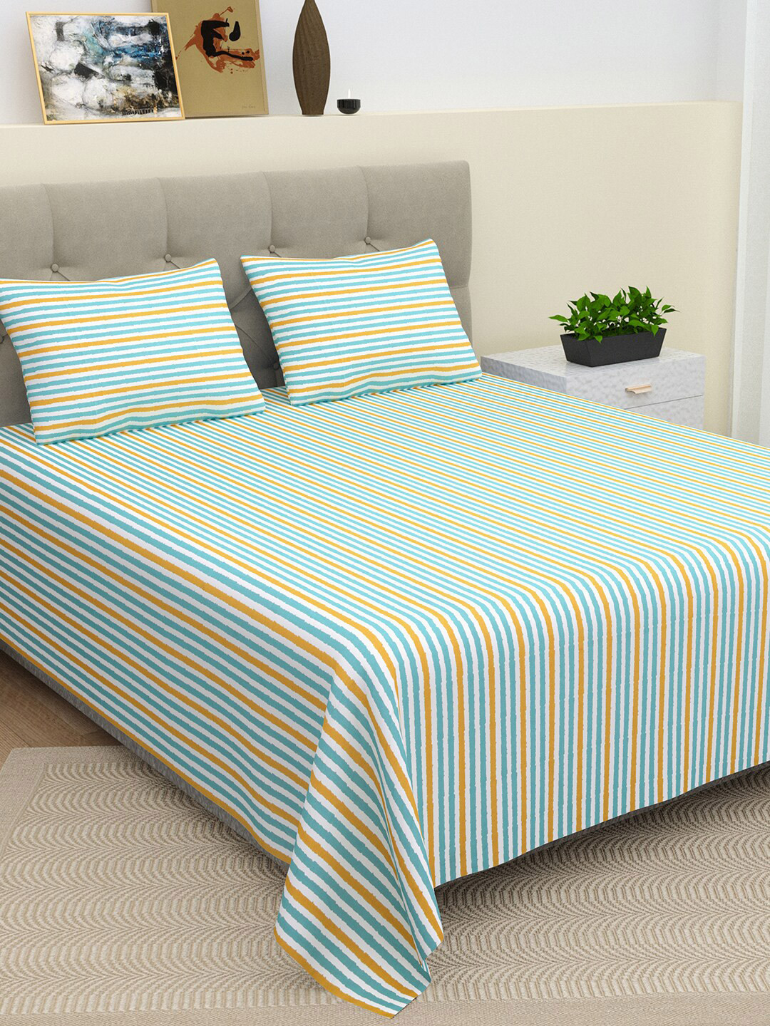BELLA CASA Valence Collection Green Striped Cotton 220 TC Super King Fine Bedsheet with 2 Pillow Covers-108 x 108 inches