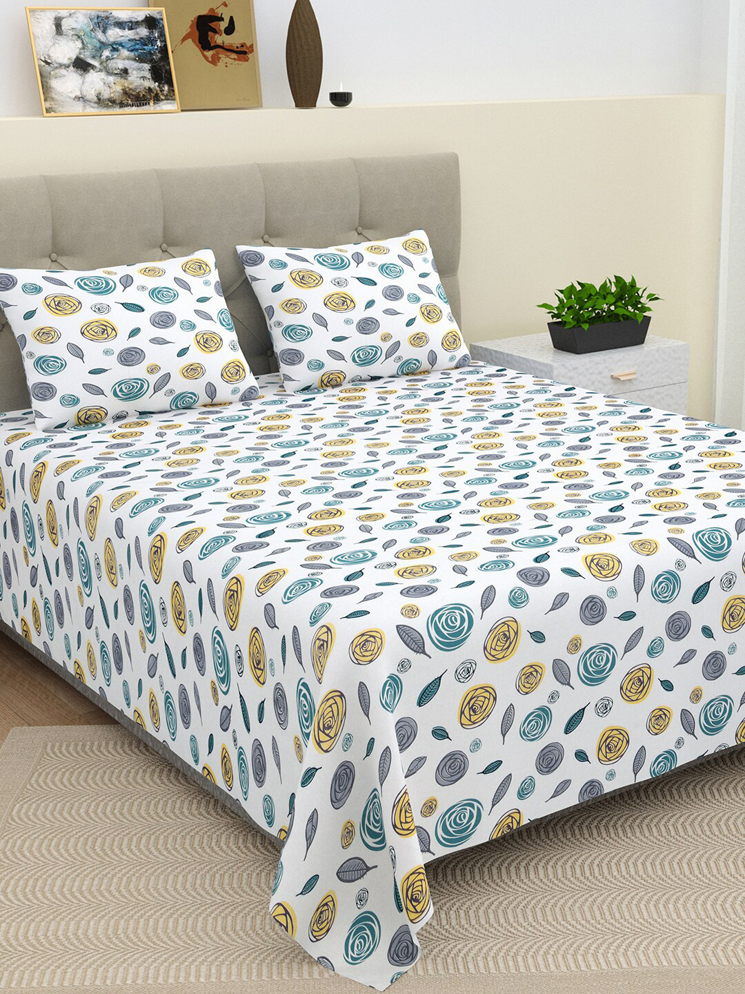 BELLA CASA Lorient Collection White Floral Pure Cotton 220 TC King Fine Bedsheet with 2 Pillow Covers-87 x 106 inches