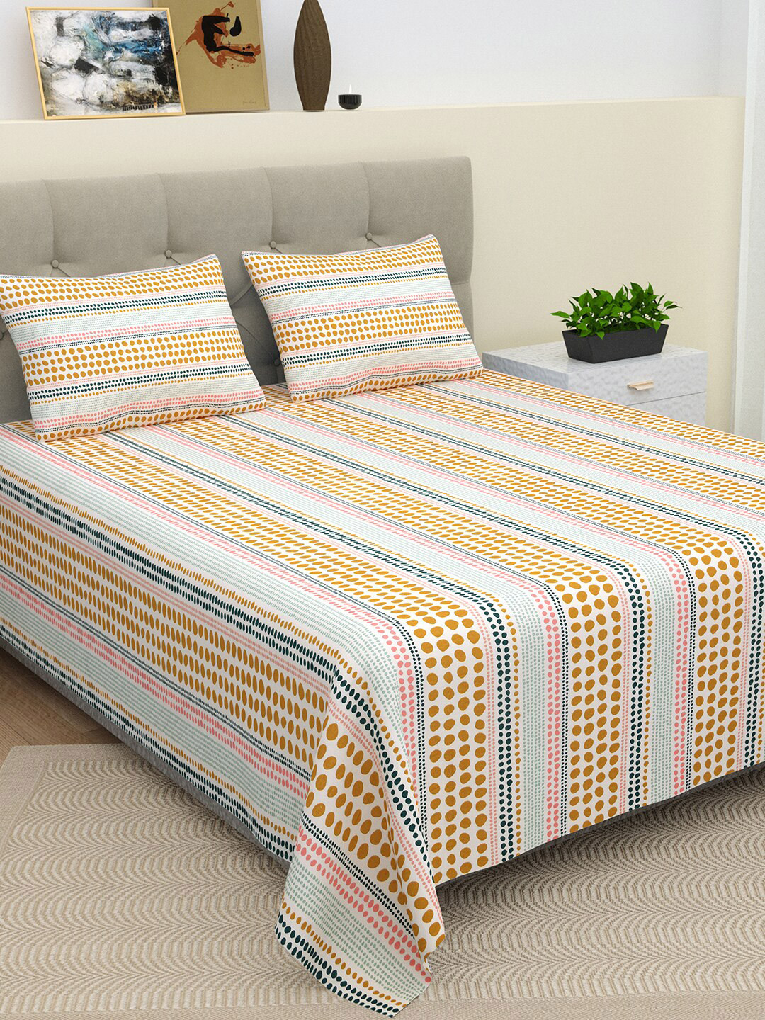 BELLA CASA Orange Geometric Cotton 220 TC Super King Fine Bedsheet with 2 Pillow Covers-107 x 107 inches