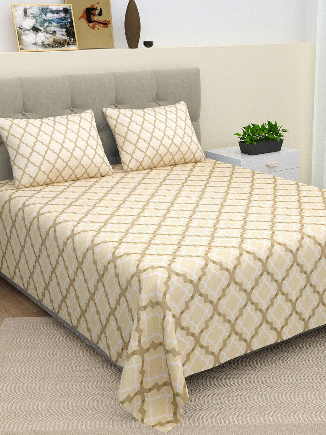 BELLA CASA Cream Geometric Pure Cotton 220 TC King Fine Bedsheet with 2 Pillow Covers-244 x 244 cm