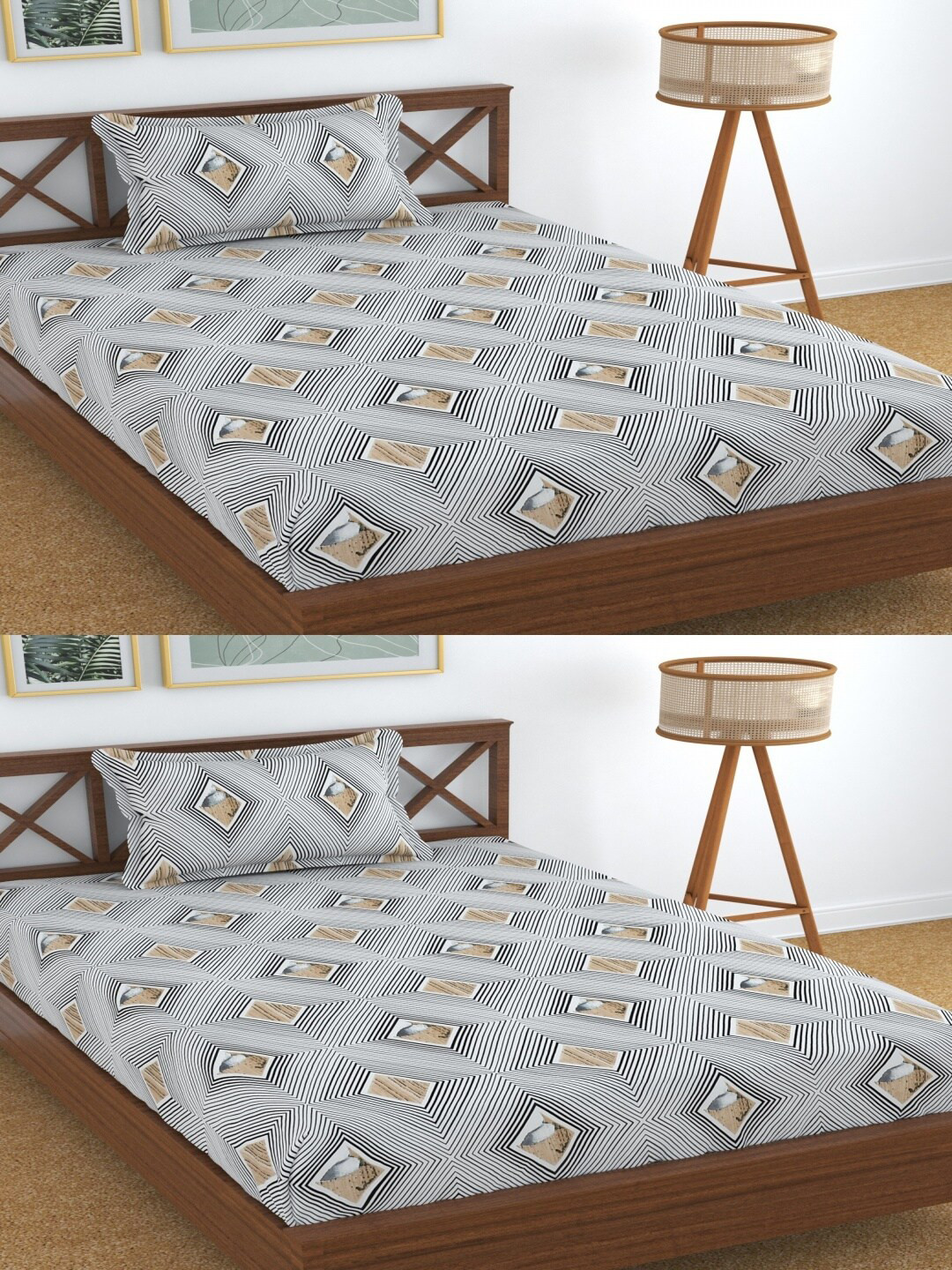 Aura Dreams White Geometric Microfiber 180 TC Single Fine Bedsheet with a Pillow Cover-96 x 57 inches