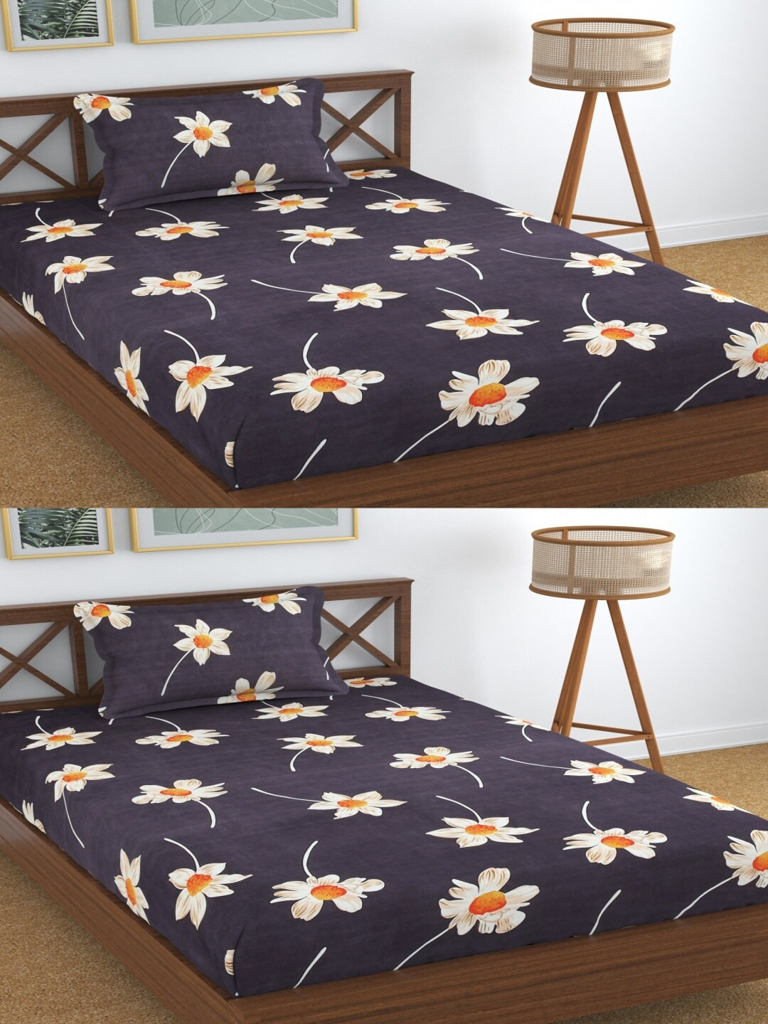 Aura Dreams Grey Floral Microfiber 180 TC Single Fine 2 Bedsheet with 2 Pillow Covers-89 x 57 inches