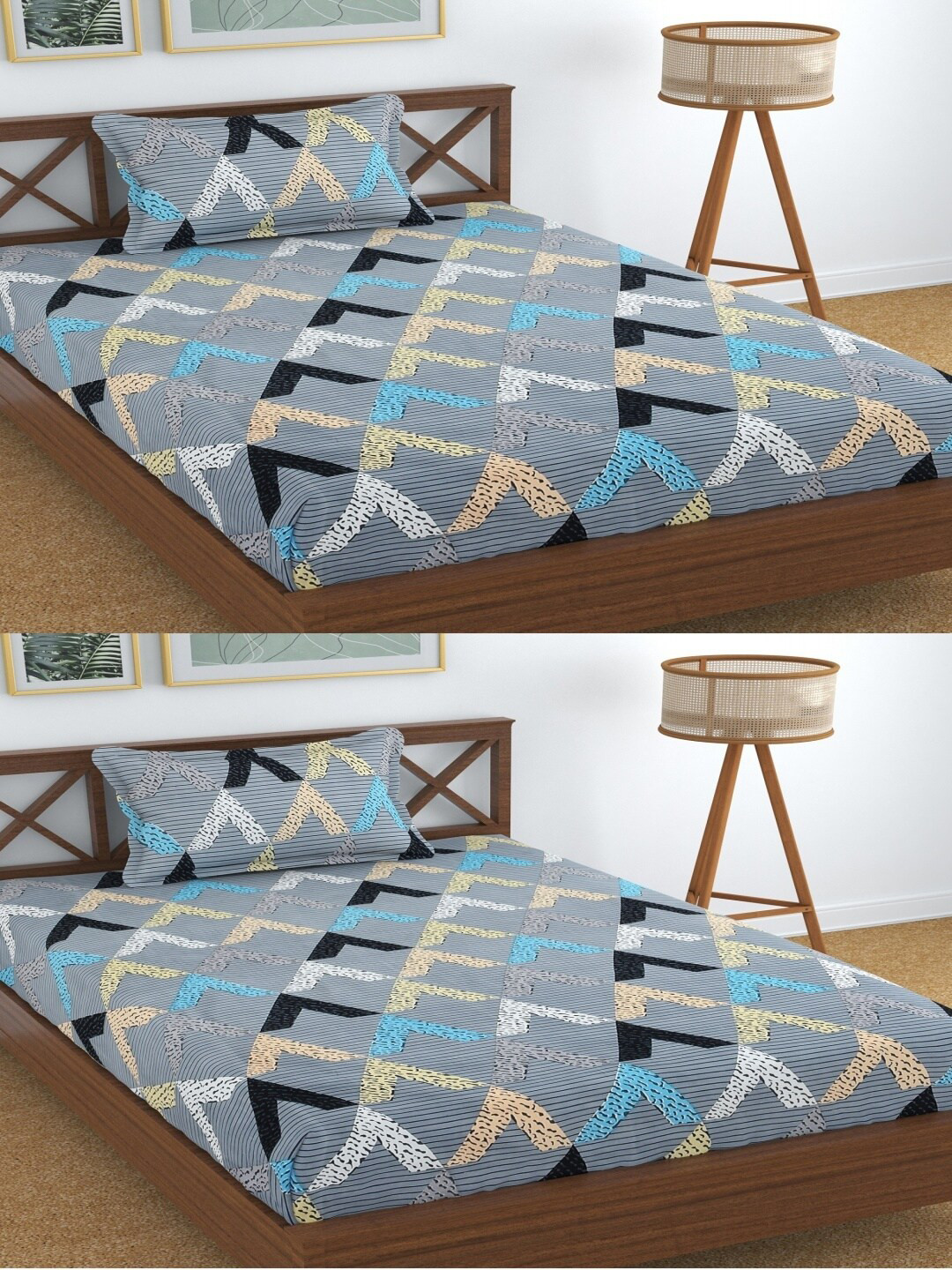 Aura Dreams Grey Geometric Microfiber 180 TC Single Fine 2 Bedsheet with 2 Pillow Covers-89 x 57 inches