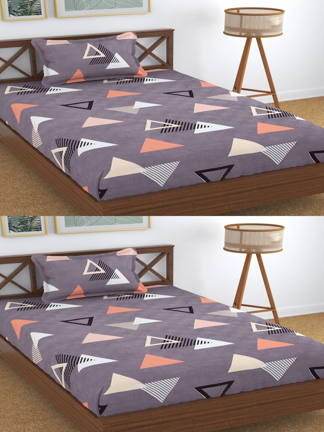 Aura Dreams Purple Geometric Microfiber 180 TC Single Fine 2 Bedsheet with 2 Pillow Covers-89 x 57 inches