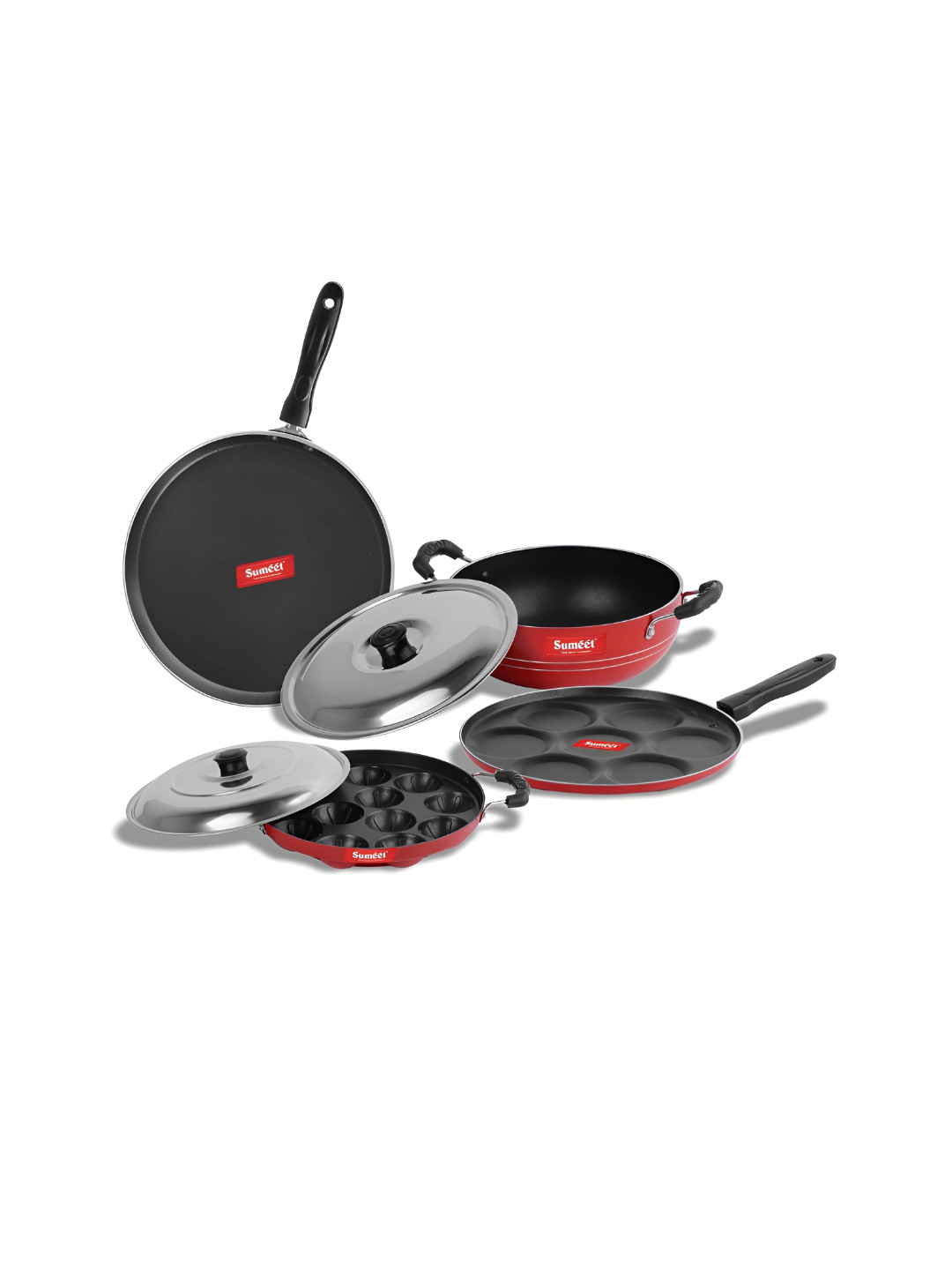 Sumeet  Shona Red 4 Pieces Aluminium Nonstick Dishwasher Safe Cookware Set