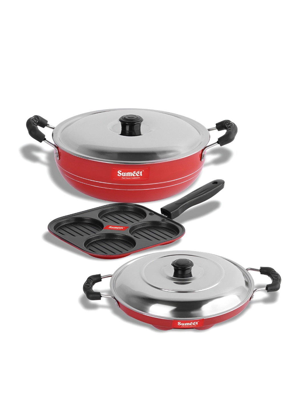 Sumeet Red 3 Pieces Aluminium Non stick Dishwasher Safe Cookware Set