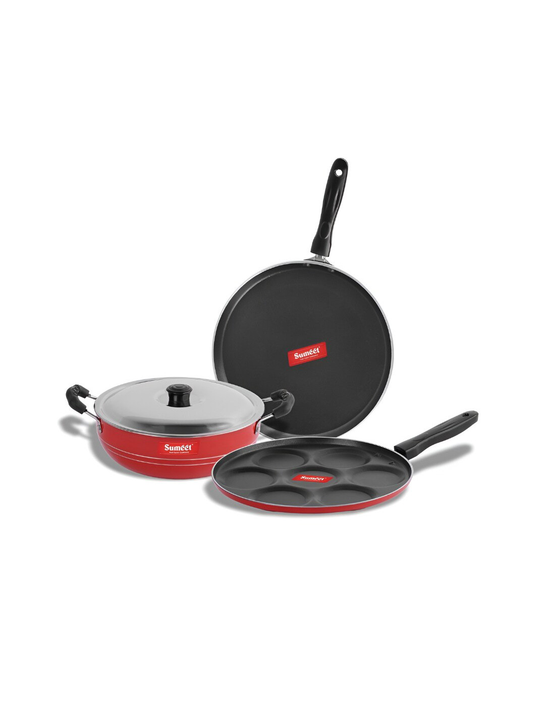Sumeet Strawberry Red & Black 3 Pieces Aluminium Dishwasher Safe Non Stick Cookware Set