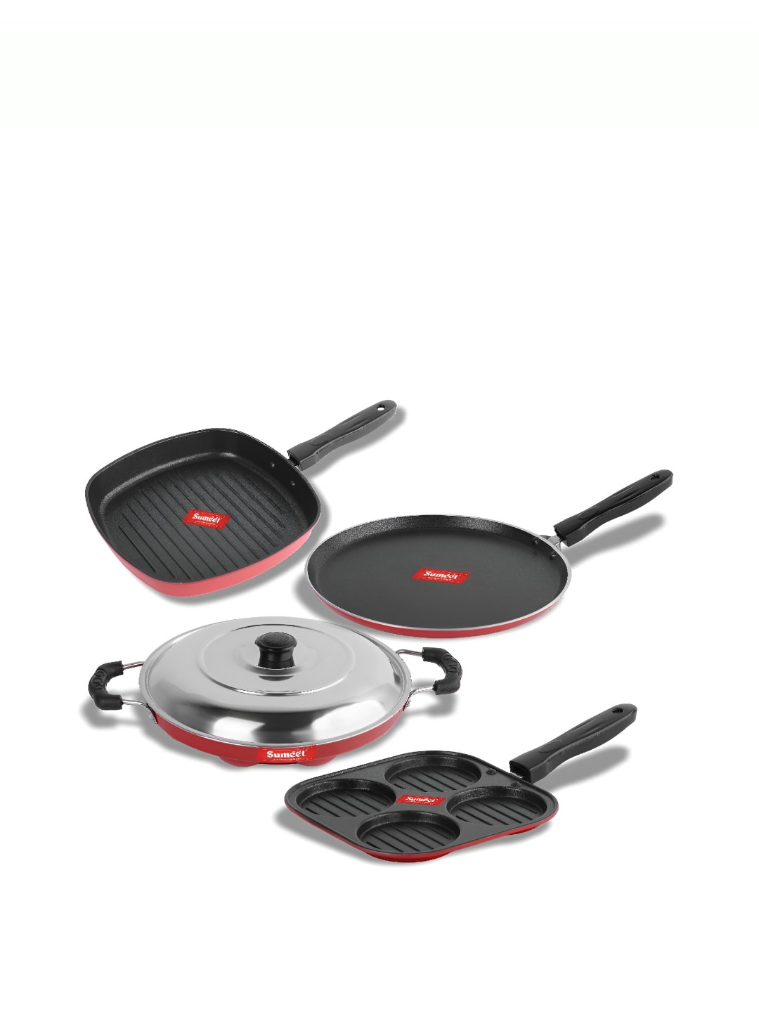 Sumeet Red & White  Aluminium Dishwasher Safe 4Pcs Cookware Set