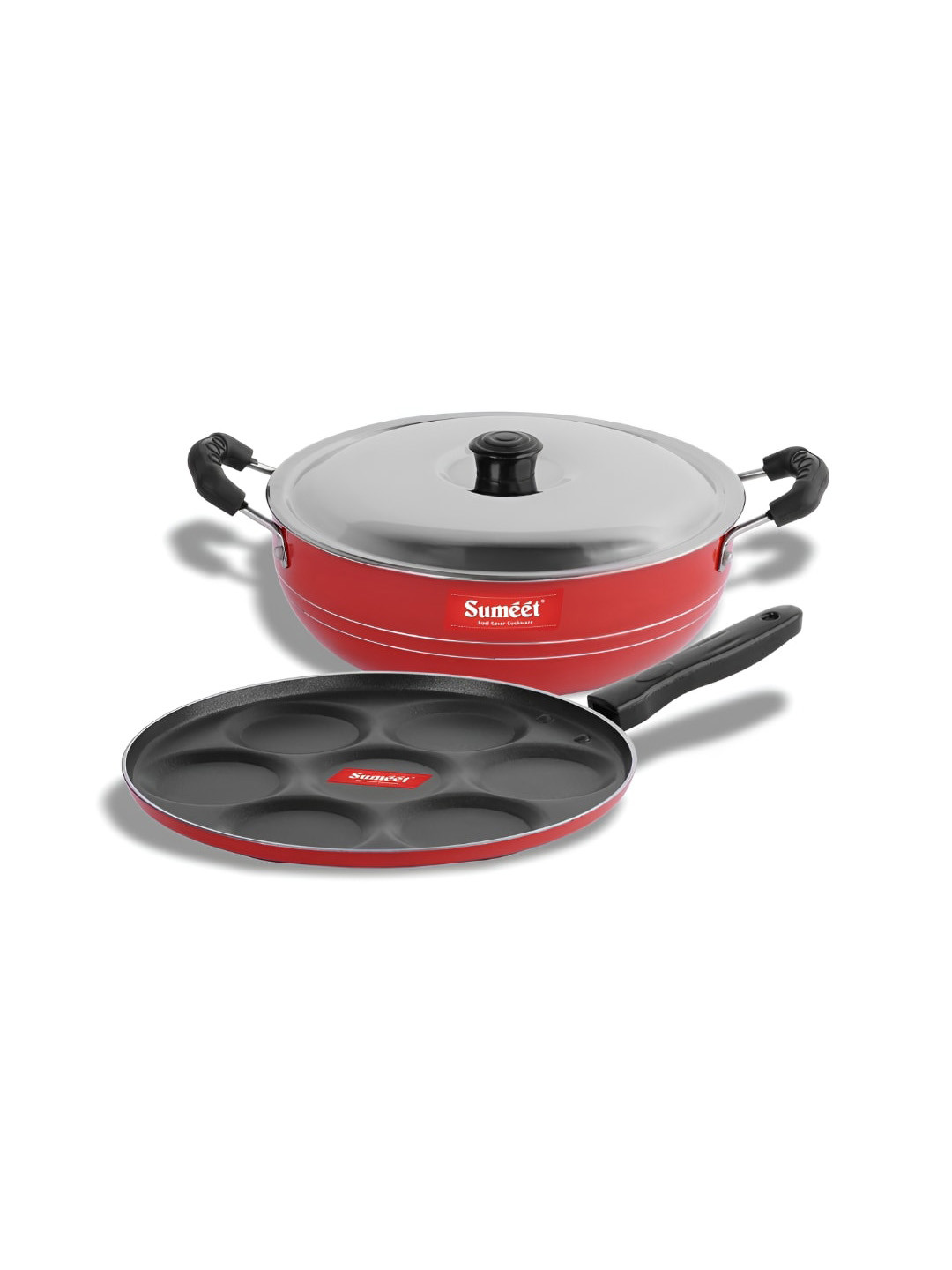 Sumeet Rasberry Red & Black 3 Pieces Aluminium Non Stick Cookware Set