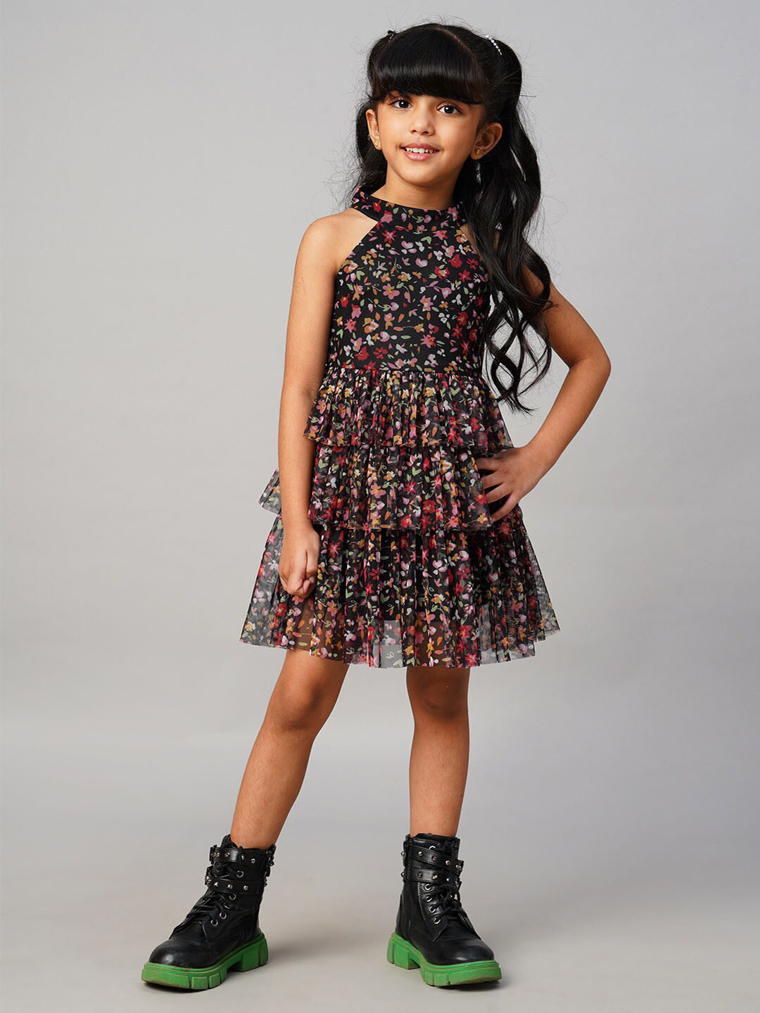 LIL DRAMA Girls Floral Printed Choker Neck Georgette Cut Out Layered Fit & Flare Dress