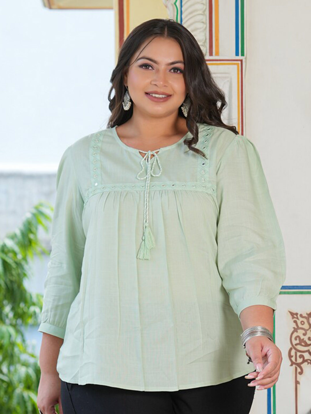 YASH GALLERY Plus Size Mirror Work Tie-Up Neck Top