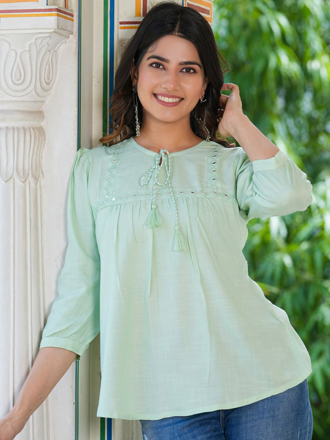 YASH GALLERY Embroidered Tie-Up Neck A-Line Top