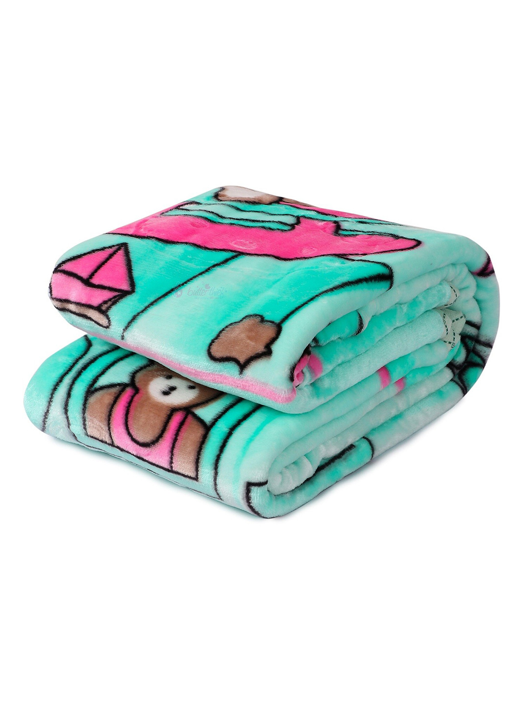 Butterthief Sea Green & Pink Cartoon Characters Mink Heavy Winter Single Bed Blanket