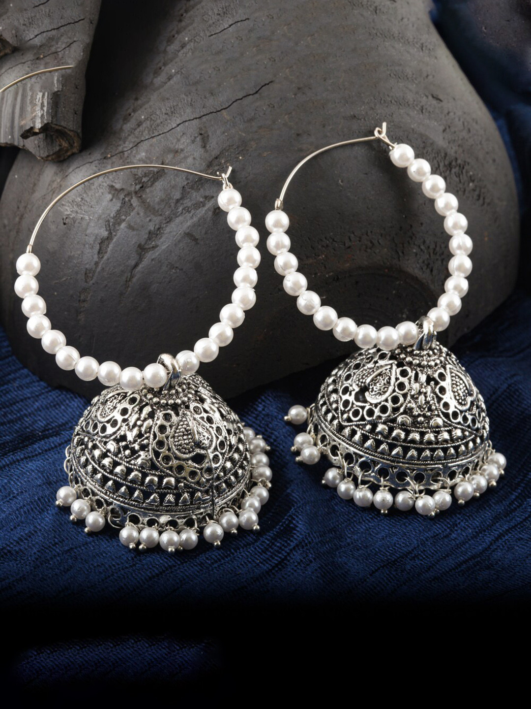 MEENAZ Silver-Plated Stainless Steel Beads Beaded Circular Oxidised Hoop Earrings