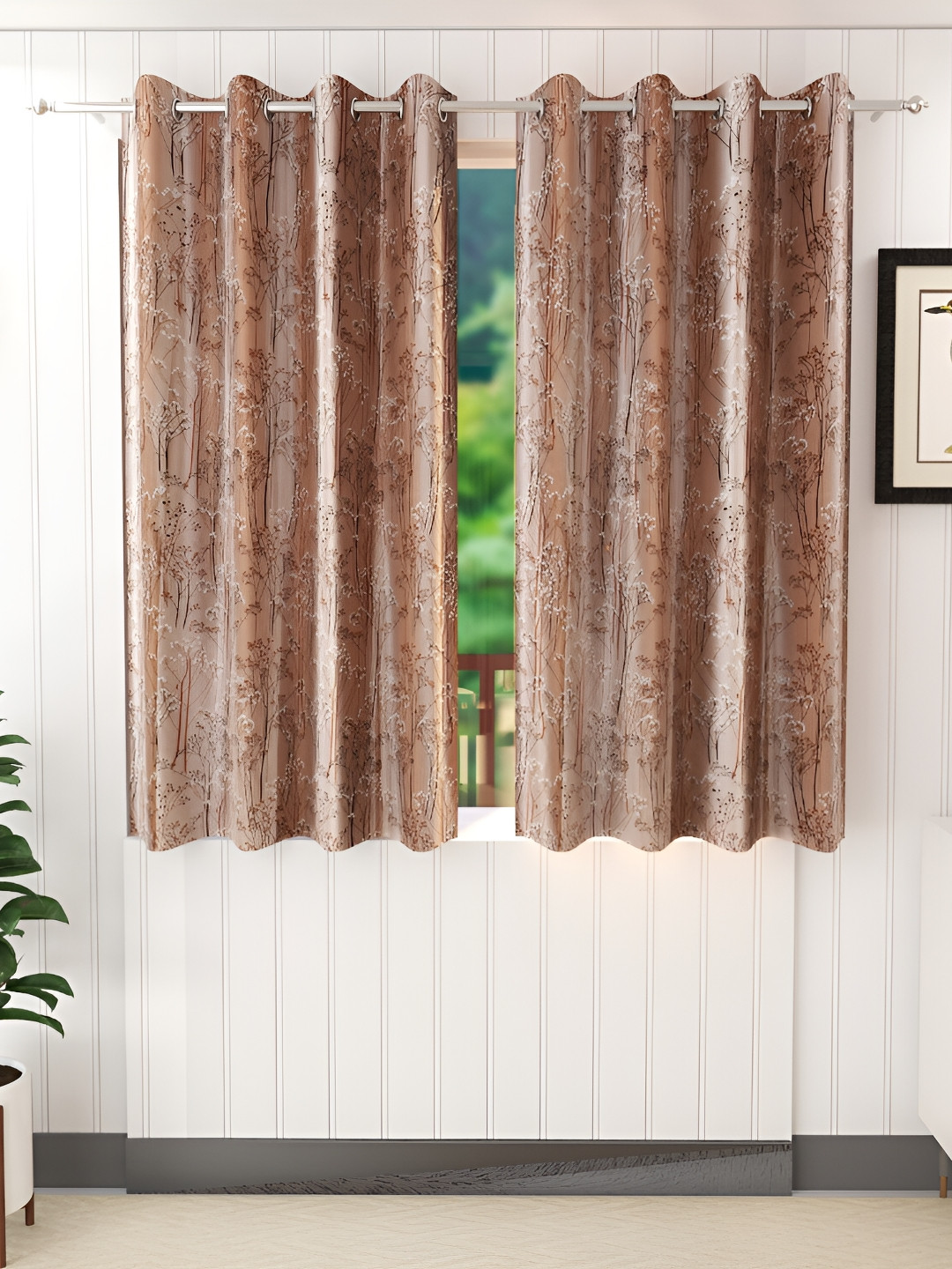 Stella Creations Brown & Beige 2 Pieces Floral Room Darkening Window Curtains