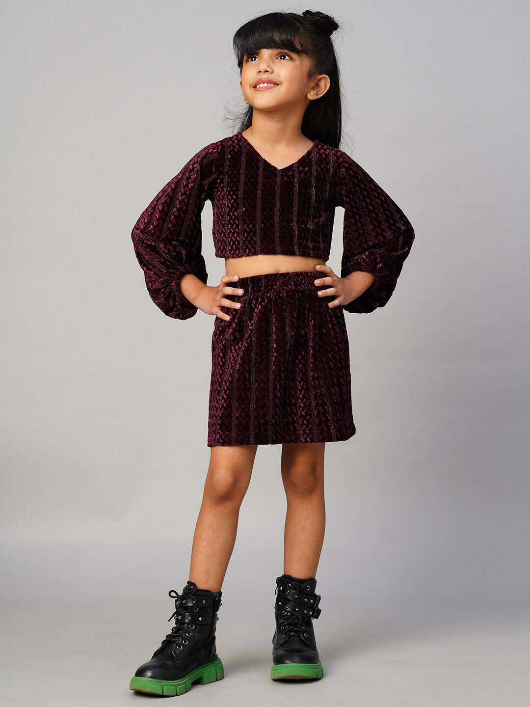 LIL DRAMA Girls Self Design V-Neck Velvet Top with Skirt
