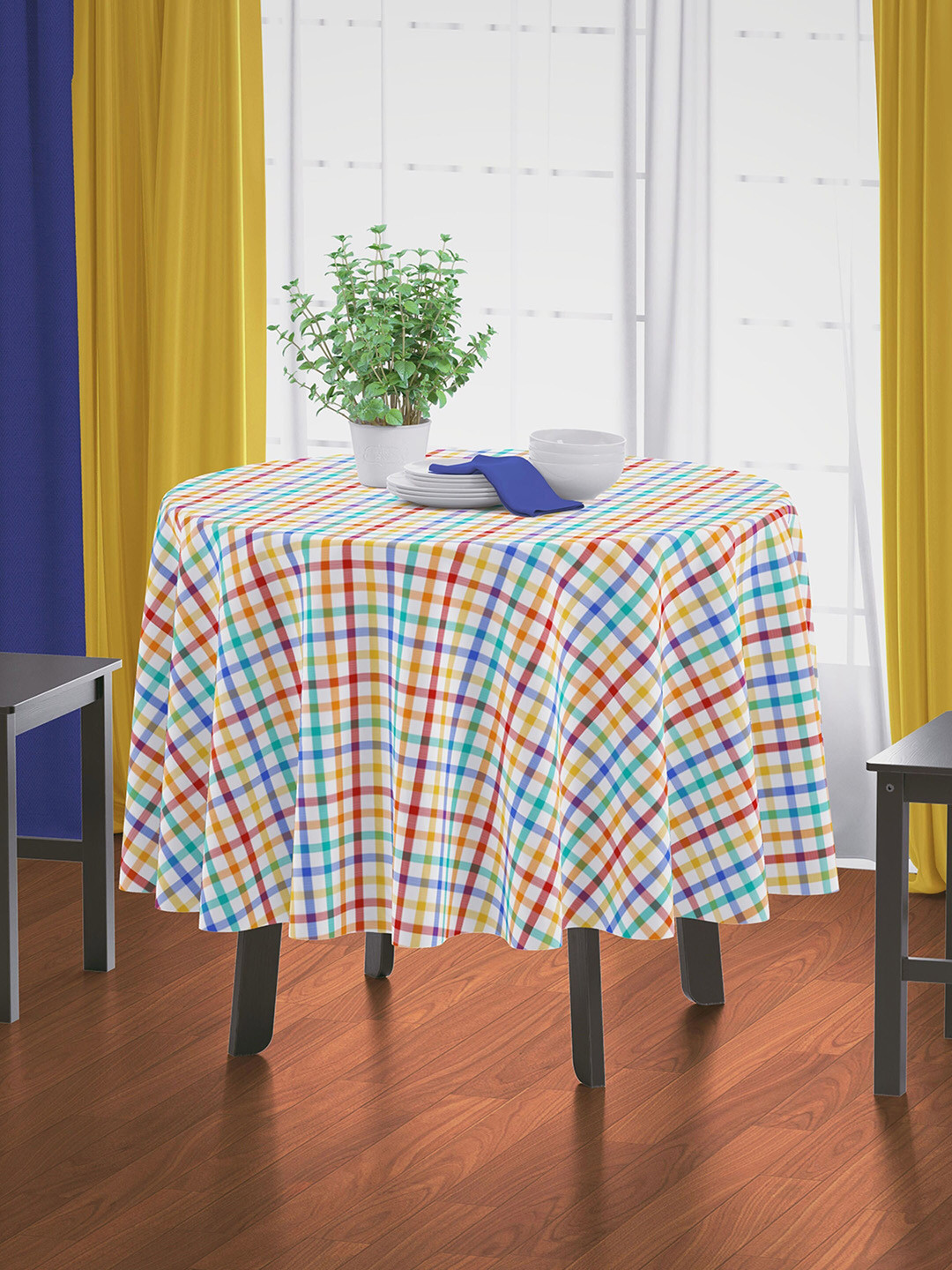 HOME COLORS.IN Blue & Yellow Striped Pure Cotton 4 Seater Table Cover