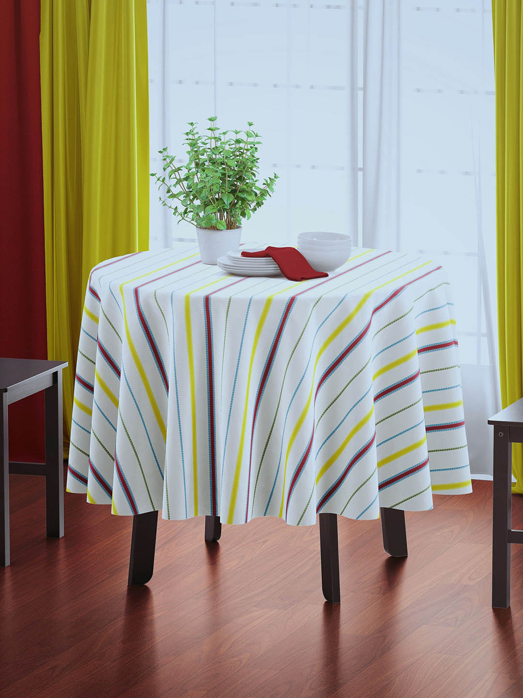 HOME COLORS.IN Blue & White 4-Seater Striped Table Cover