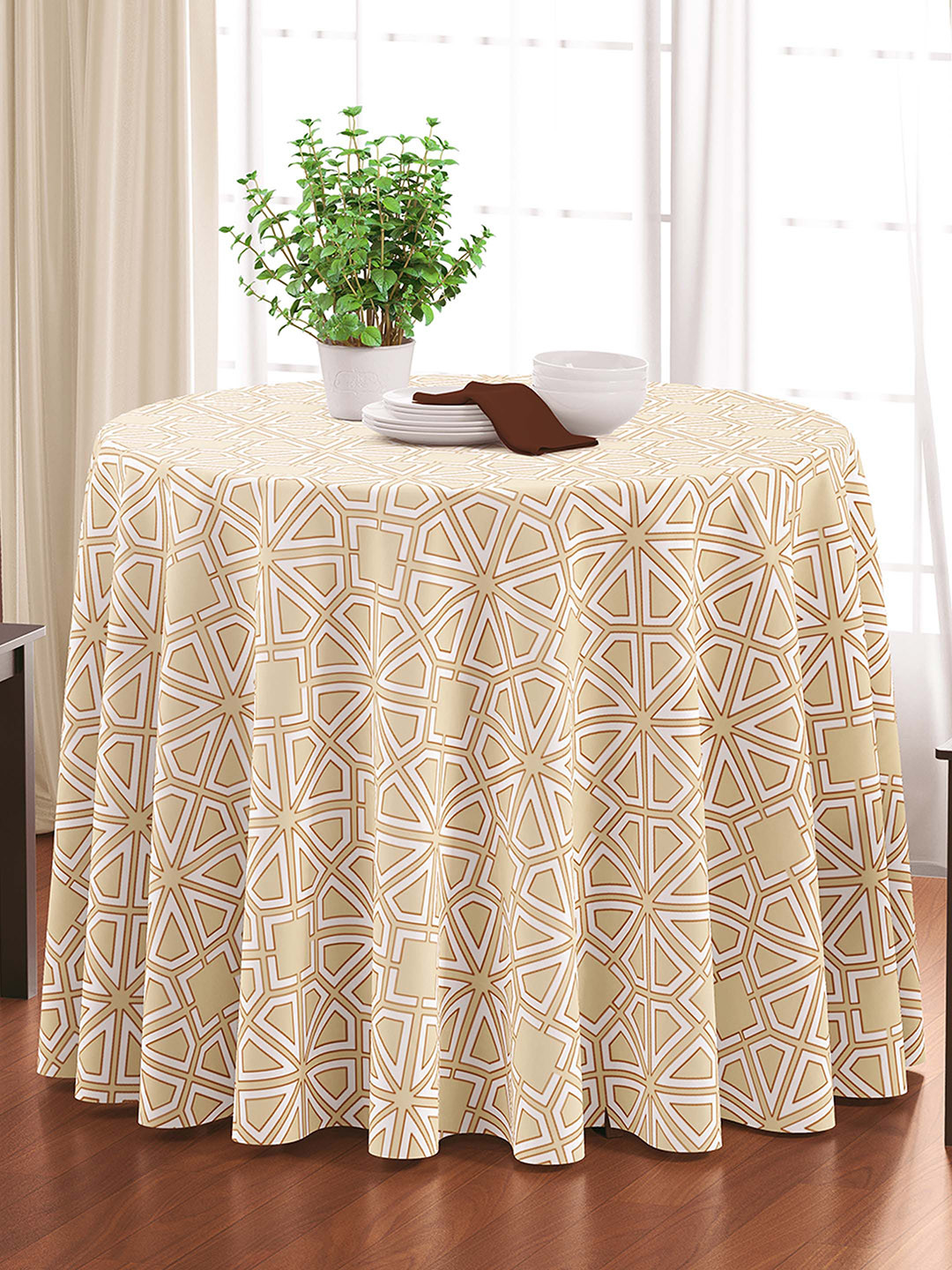 HOME COLORS.IN Printed Pure Cotton Beige & White 6-Seater Table Cover