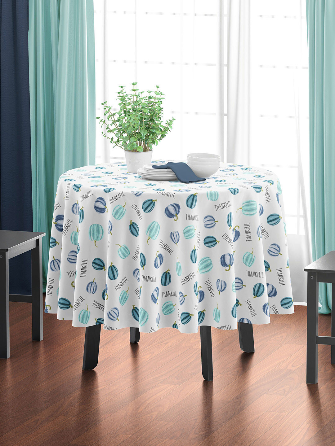 HOME COLORS.IN Blue & White Printed Pure Cotton 4 Seater Table Cover