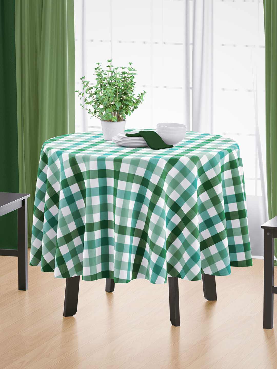 HOME COLORS.IN Green & White Cotton Checkered 4 Seater Round Table Cover