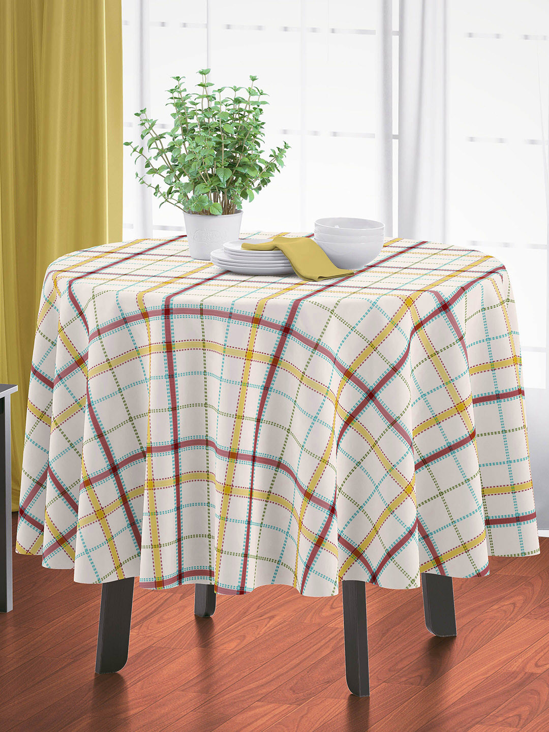 HOME COLORS.IN Multicolor Polycotton Checkered 4 Seater Round Table Cover