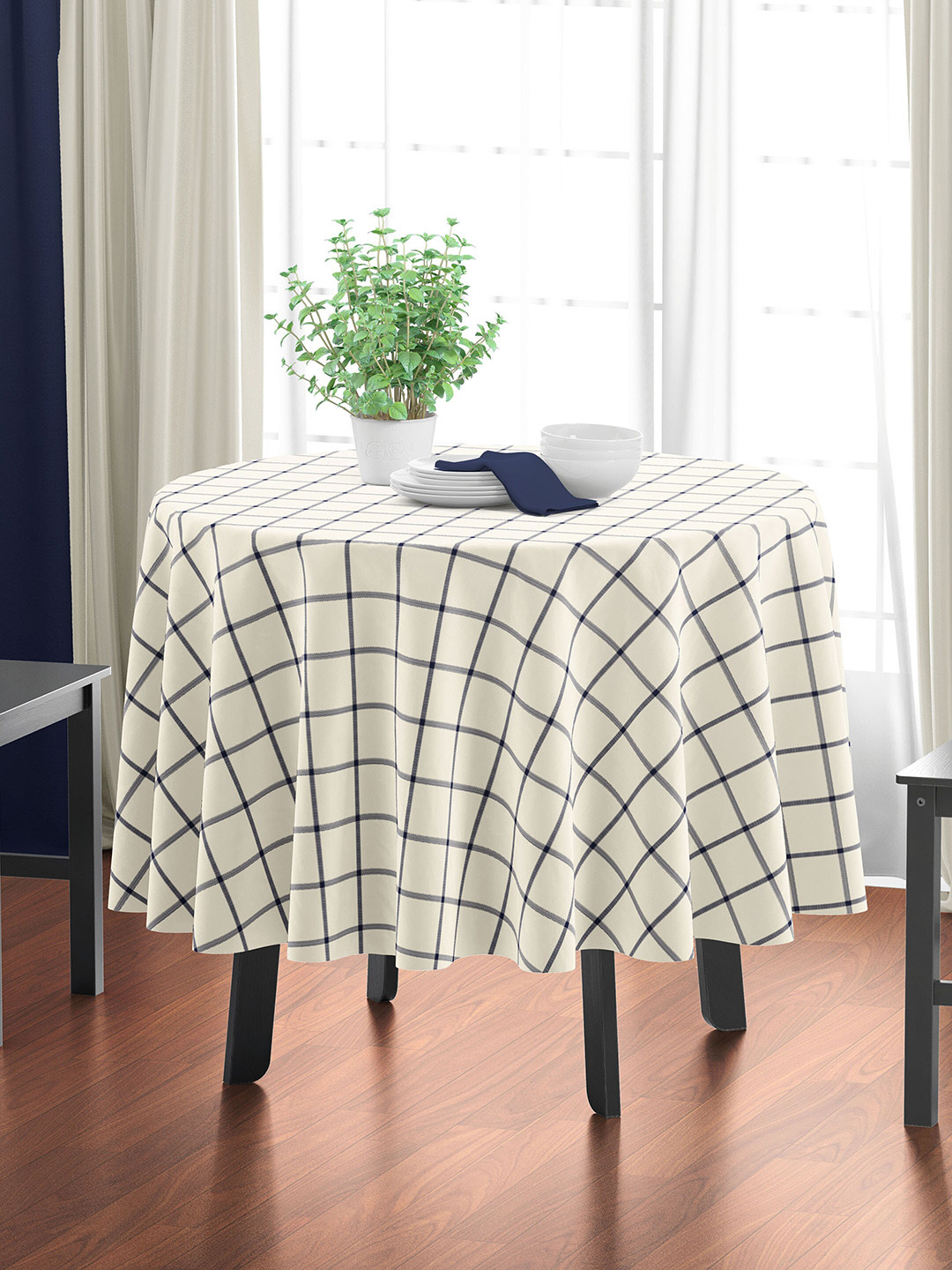 HOME COLORS.IN Beige & Blue Pure Cotton Checkered 4 Seater Round Table Cover