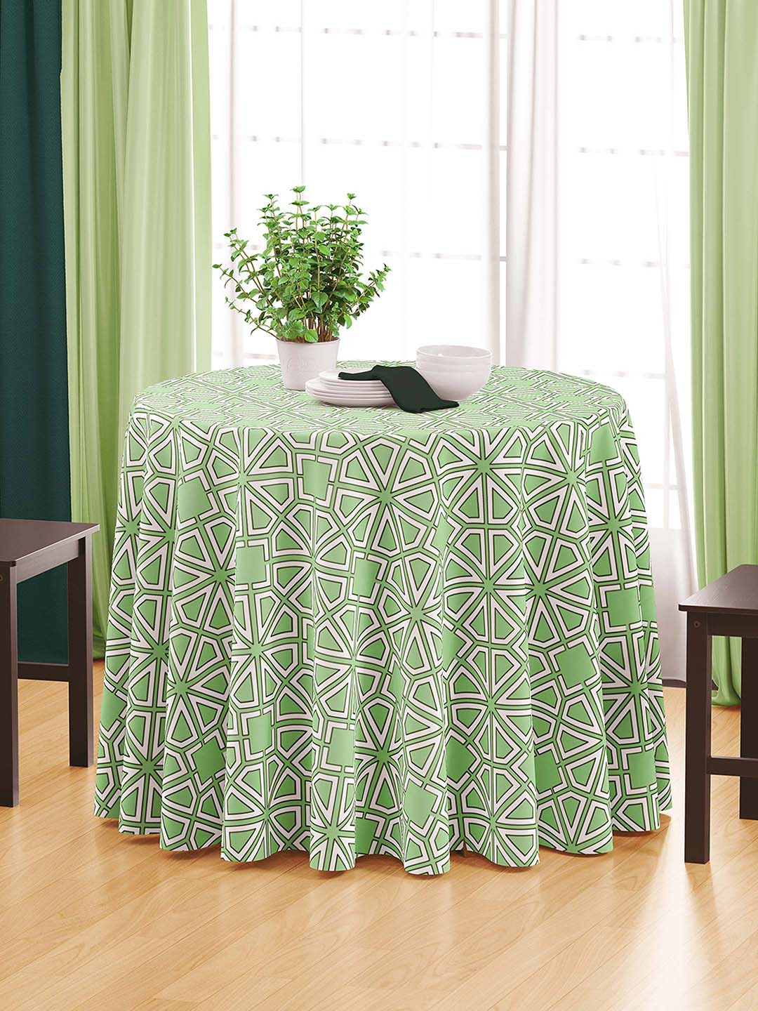 HOME COLORS.IN Green & White 4-Seater Printed Pure Cotton Table Cover