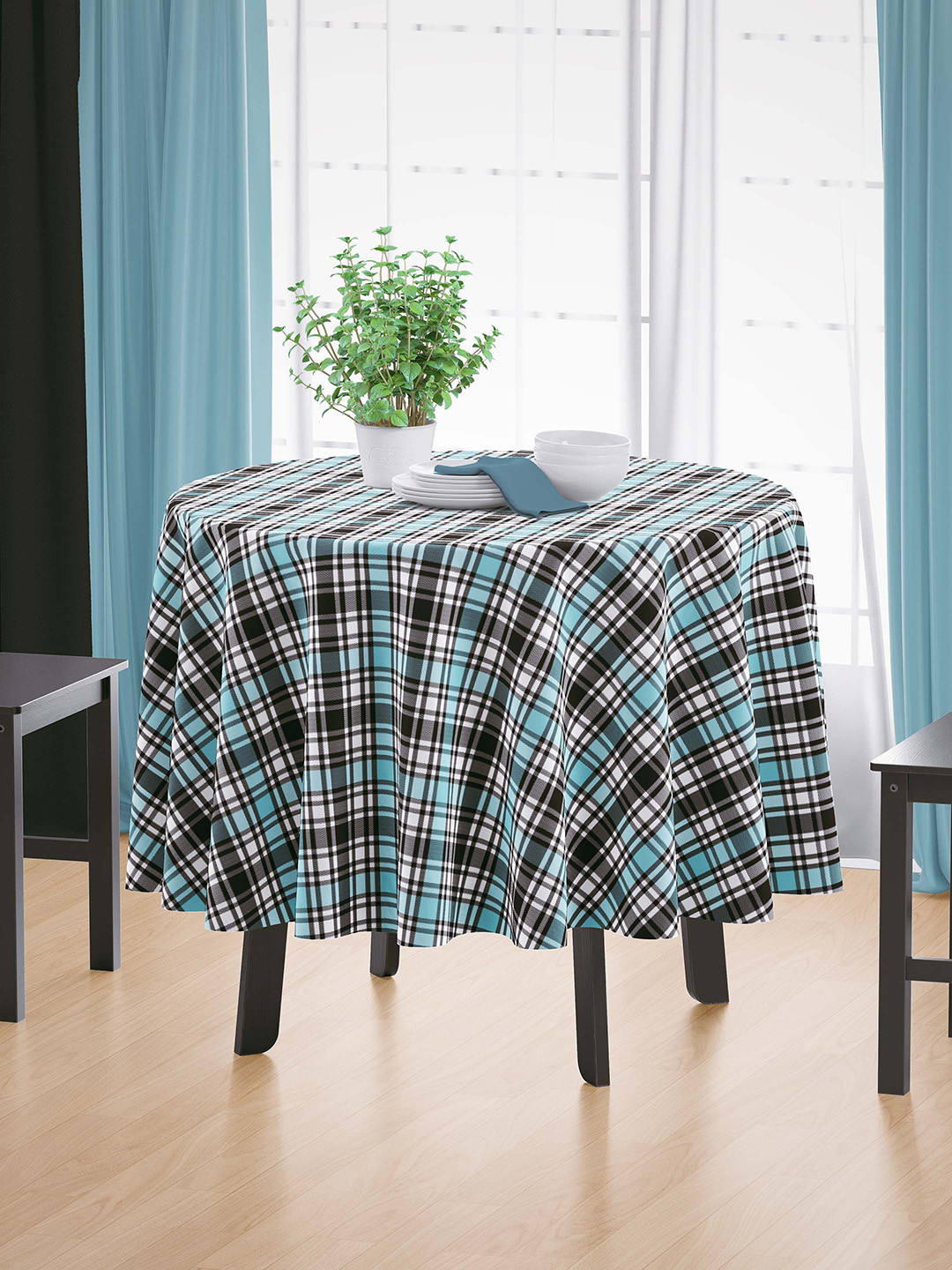 HOME COLORS.IN Blue & Black 4-Seater Checked Pure Cotton Table Cover