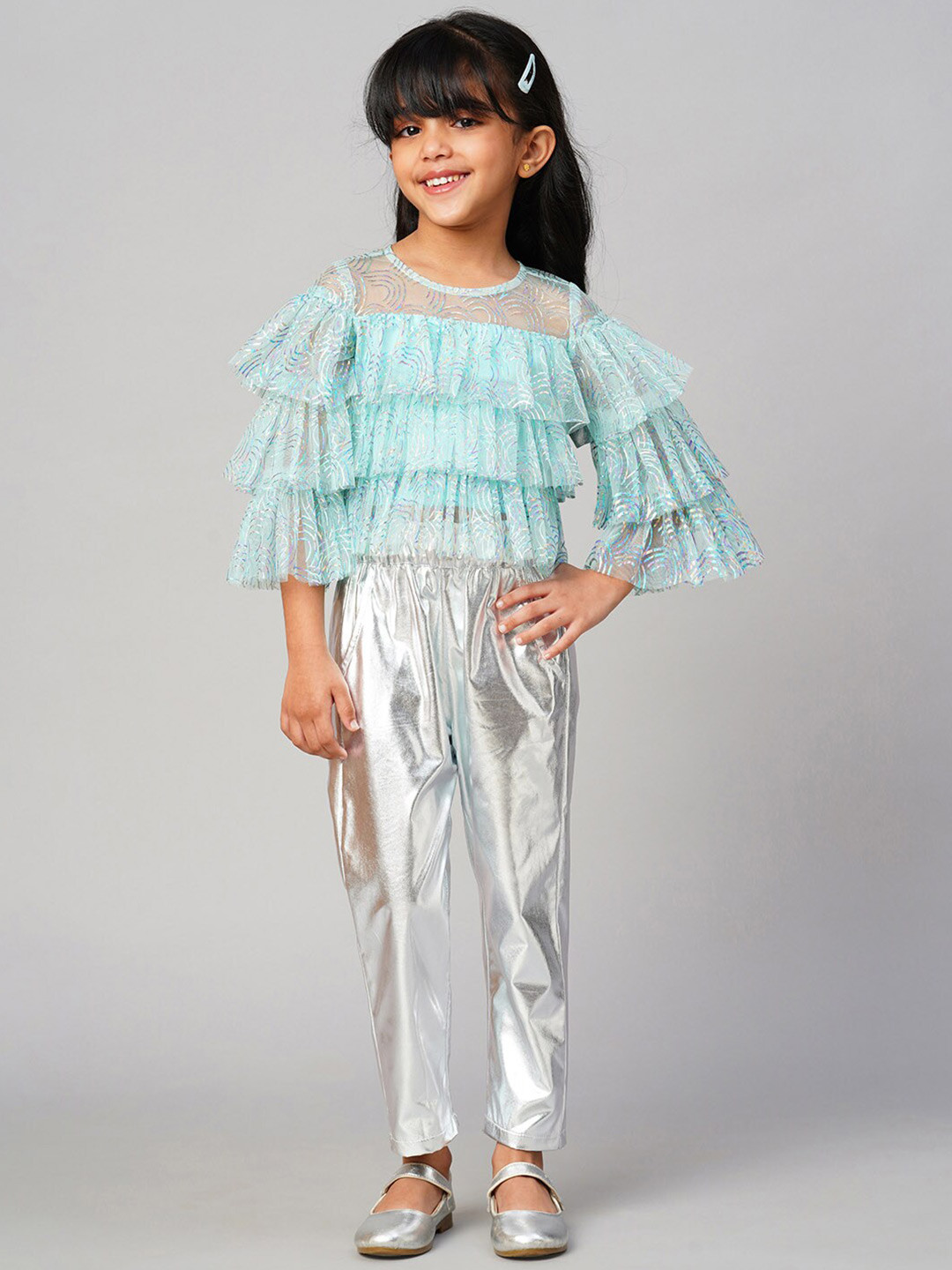 LIL DRAMA Girls Glam Up Geometric Printed Round Neck Flared Sleeves Layered Regular Top