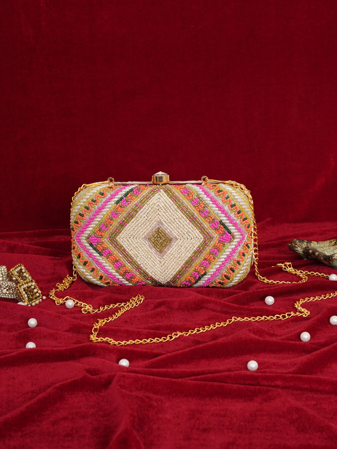 FABBHUE Embellished Acrylic Velvet Box Clutch