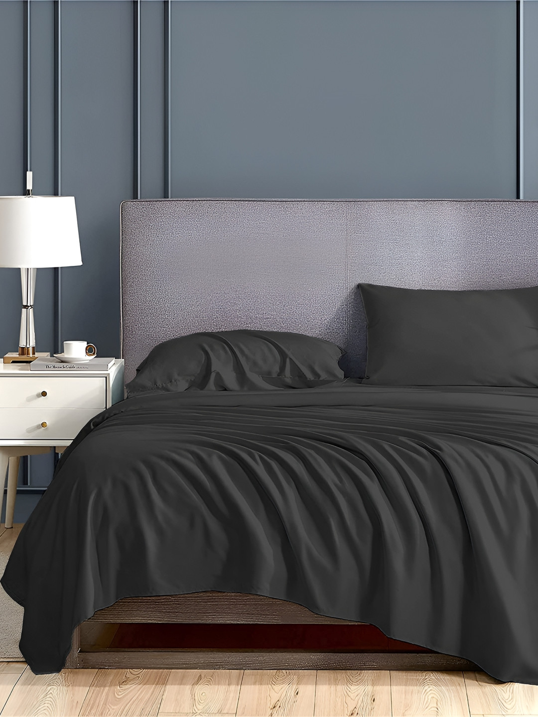 Bevi Black Microfiber 180 TC Double Fine Bedsheet with a Pillow Cover-60 x 90 inches