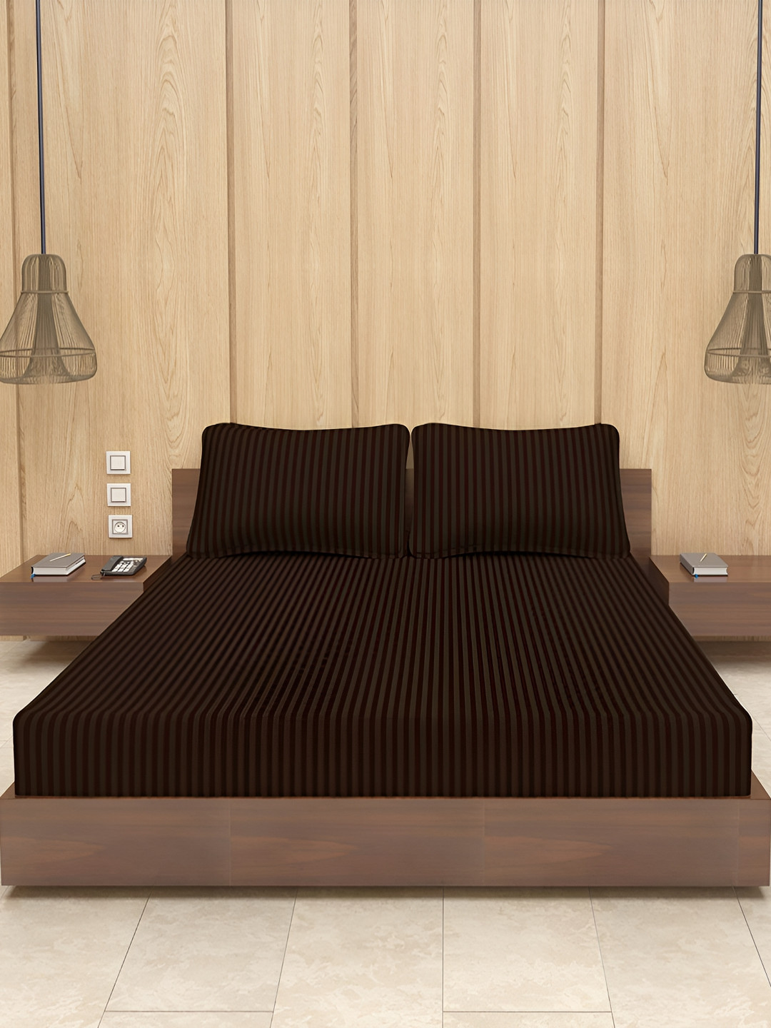 Bevi Brown Striped Microfiber Skin-Friendly 180 TC King Fine Bedsheet with 2 Pillow Covers-90 x 90 inches