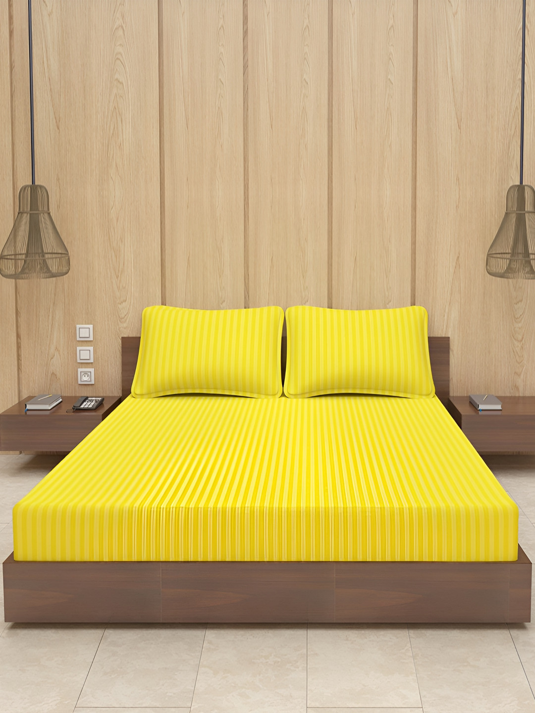 Bevi Yellow Striped Microfiber 180 TC King Fine Bedsheet with 2 Pillow Covers-220 x 220 cm