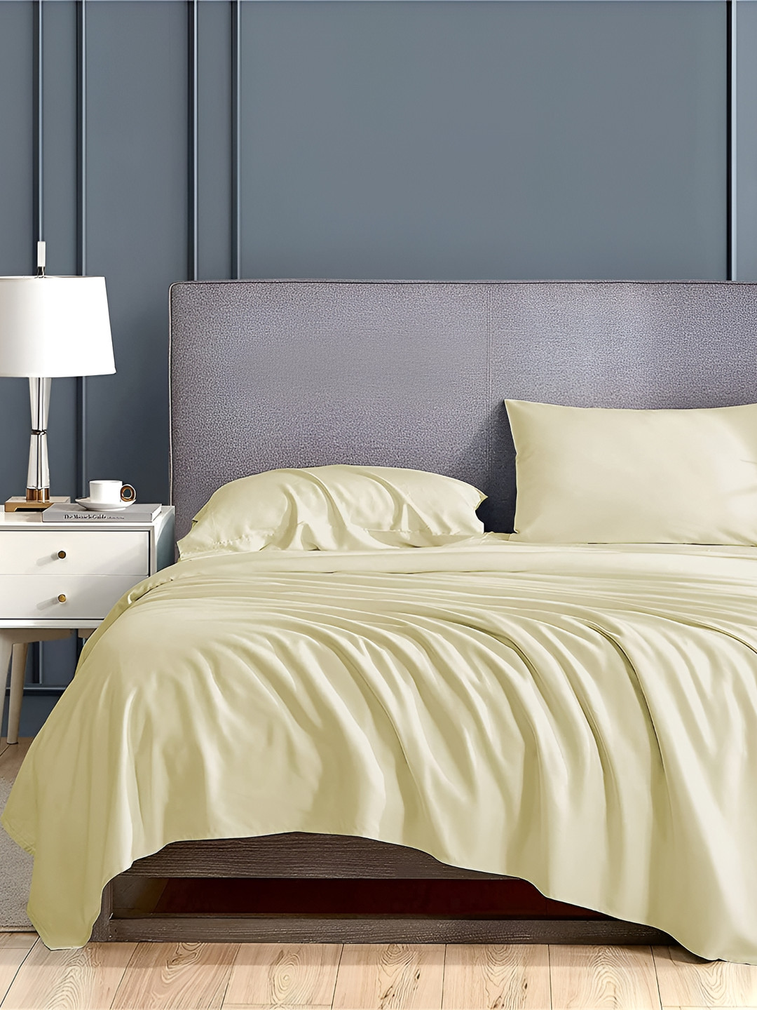 Bevi Cream Microfiber 180 TC Double Fine Bedsheet with a Pillow Cover-59 x 87 inches