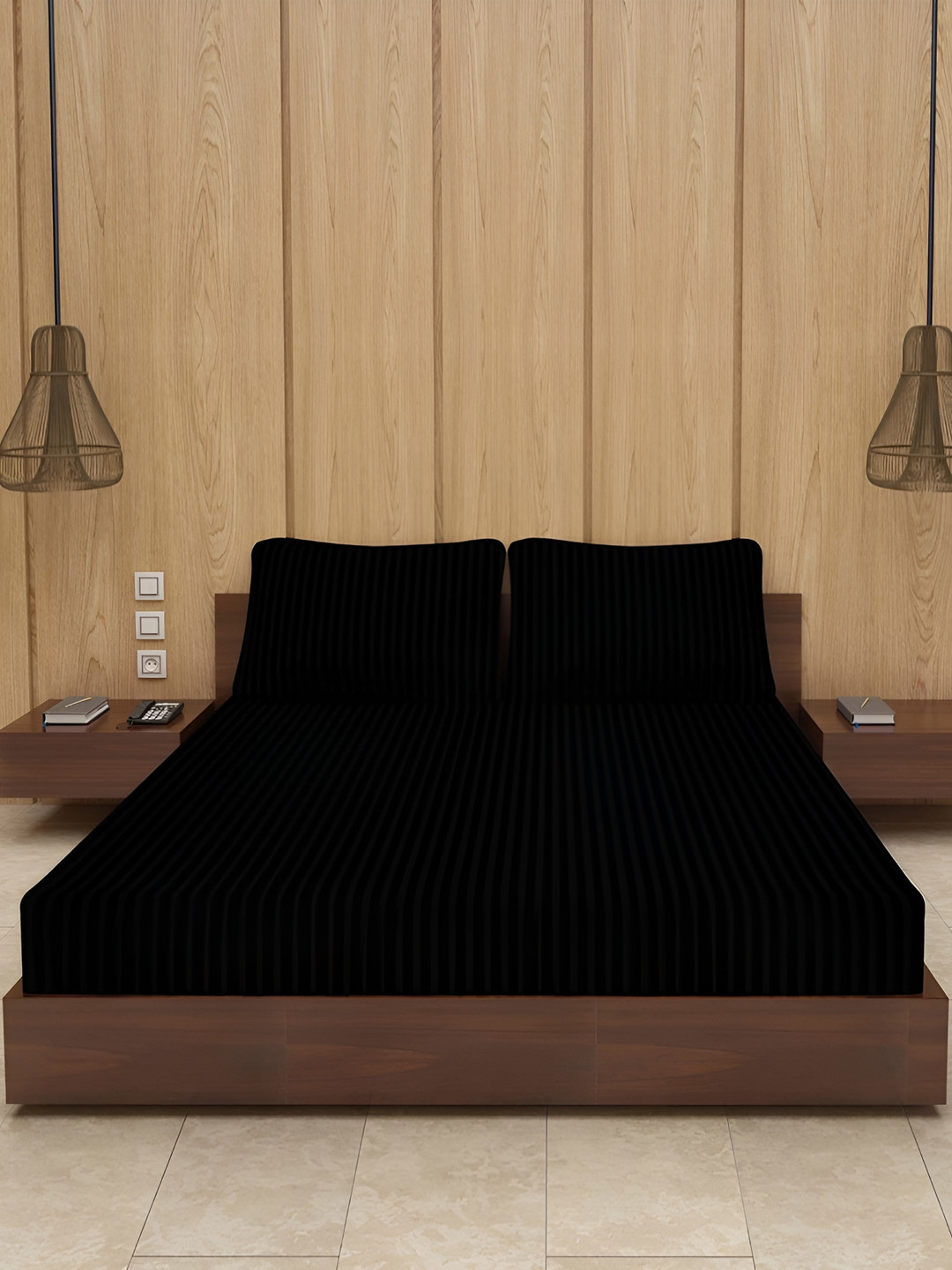 Bevi Black Striped Microfiber 180 TC King Fine Bedsheet with 2 Pillow Covers-220 x 220 cm